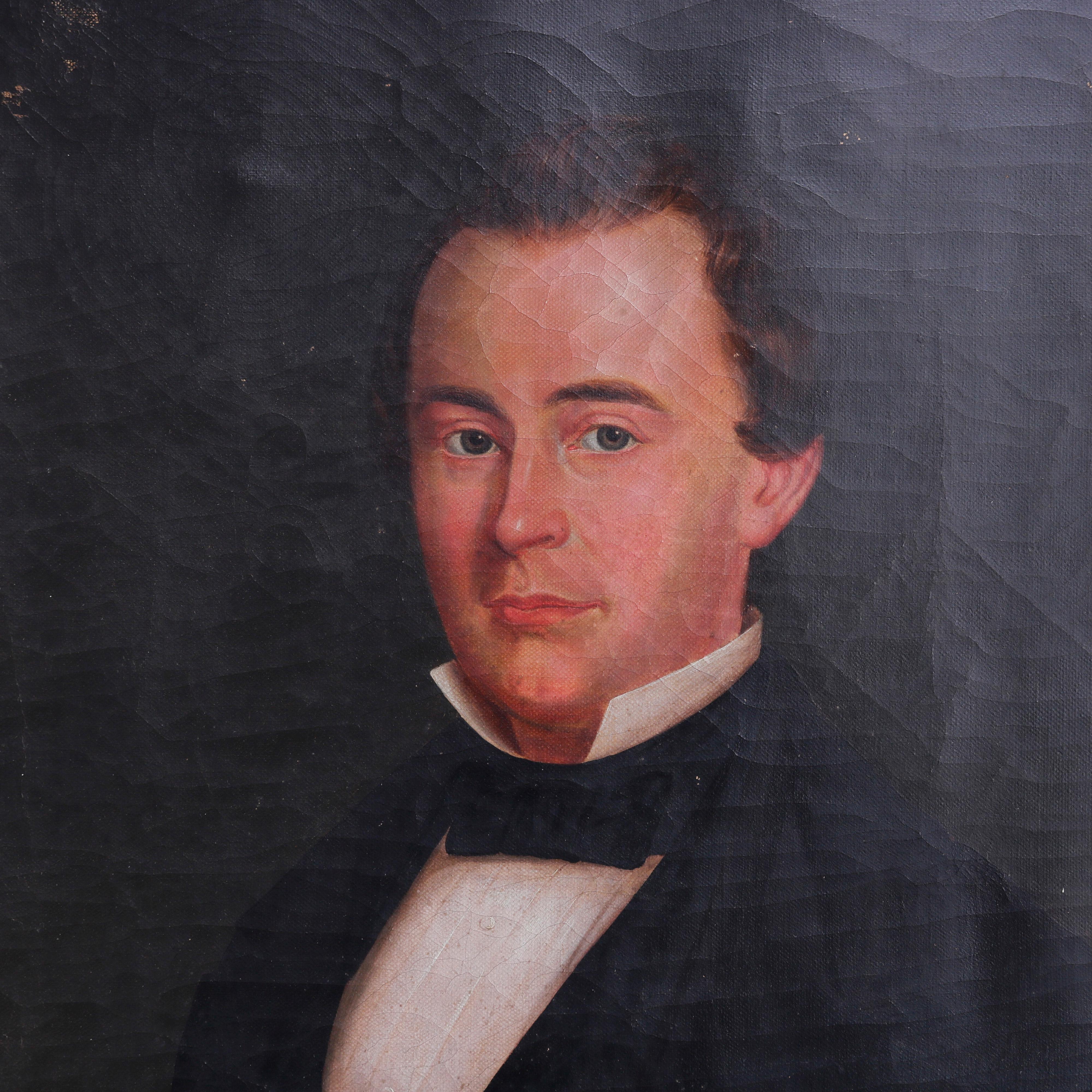 Canvas Large Early Antique Portrait Painting, Gentleman Holding a NY Newspaper, c1850