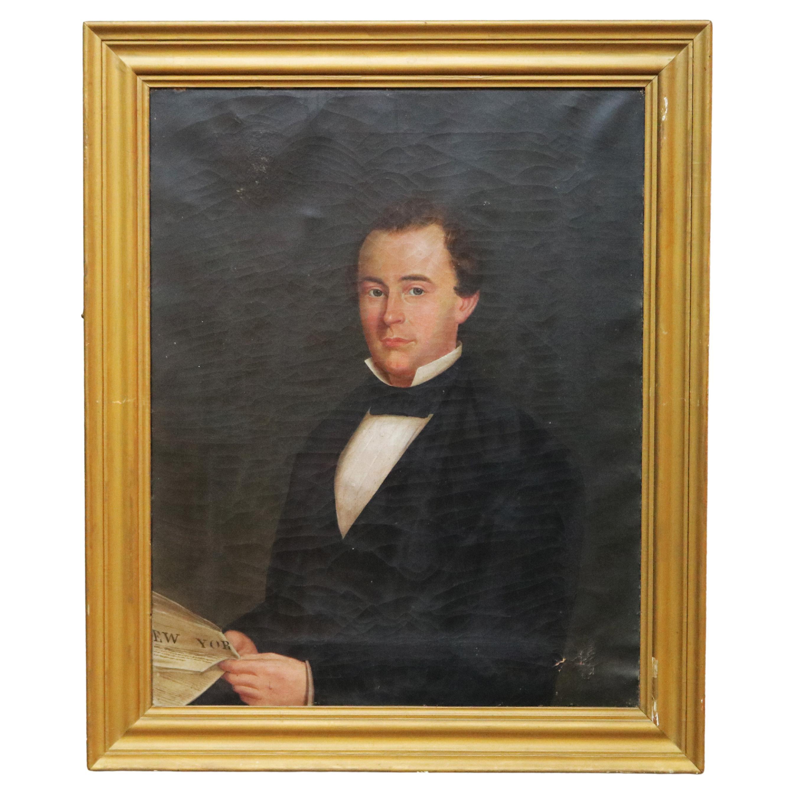 Large Early Antique Portrait Painting, Gentleman Holding a NY Newspaper, c1850