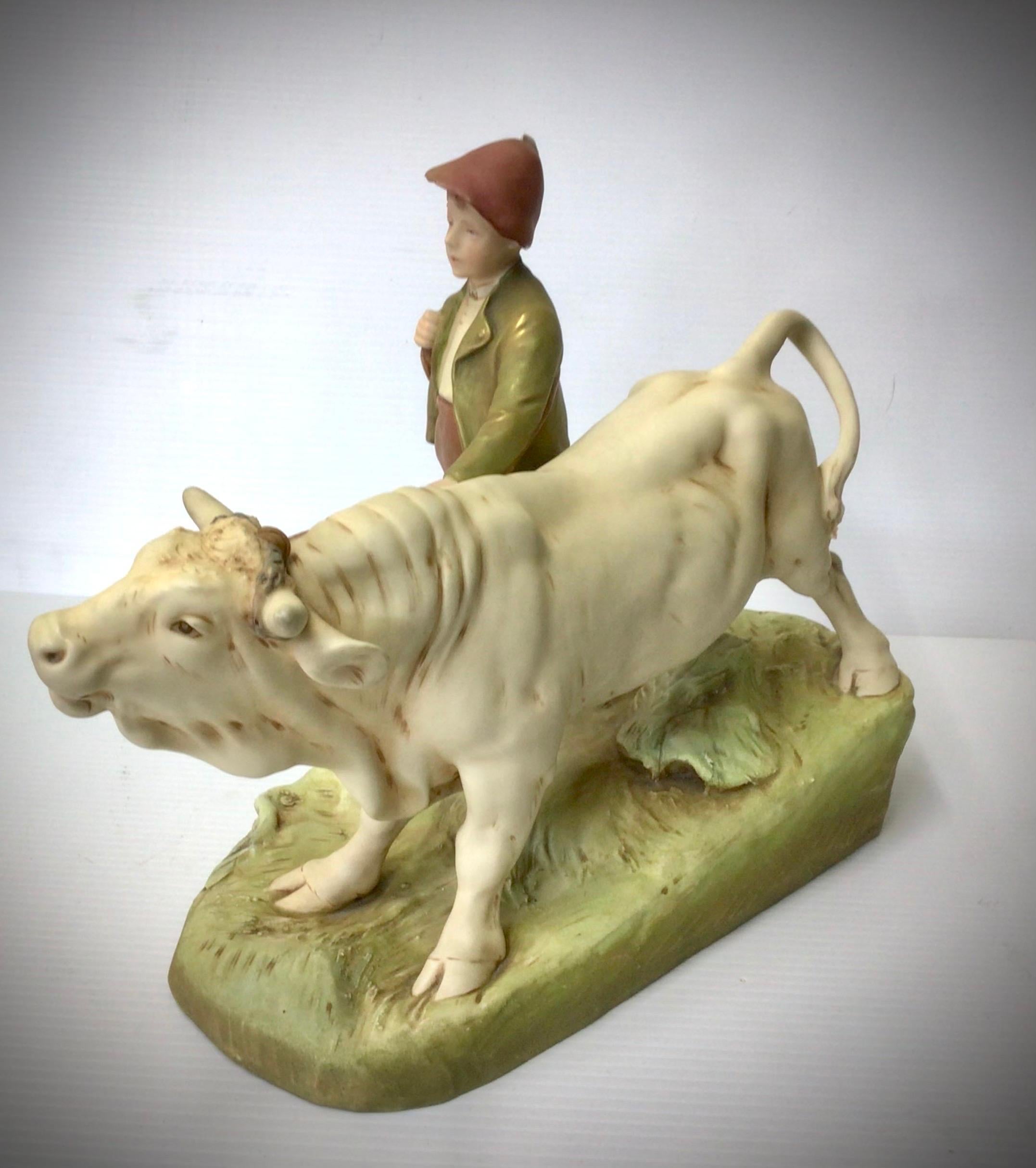 Fabulouslarge early Antique royal dux figure group of boy with bull,
Circa 1900
Pink triangle.
Measures: 37cm x 28cm x 17cm deep.