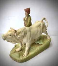 Large Early Antique Royal Dux Figure Group of Boy with Bull