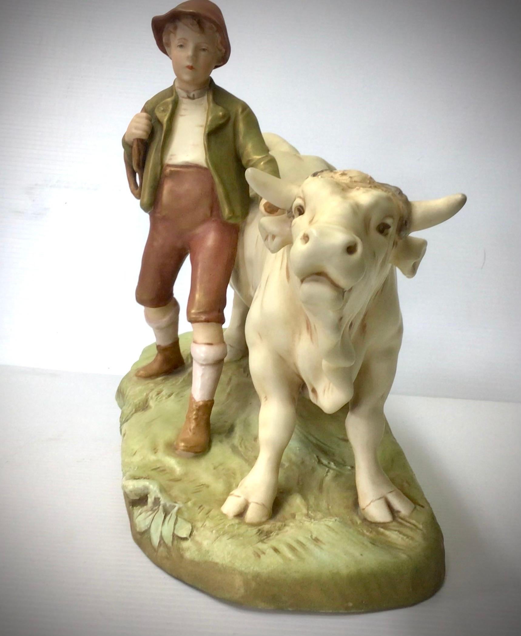 Large Early Antique Royal Dux Figure Group of Boy with Bull In Good Condition In Antrim, GB