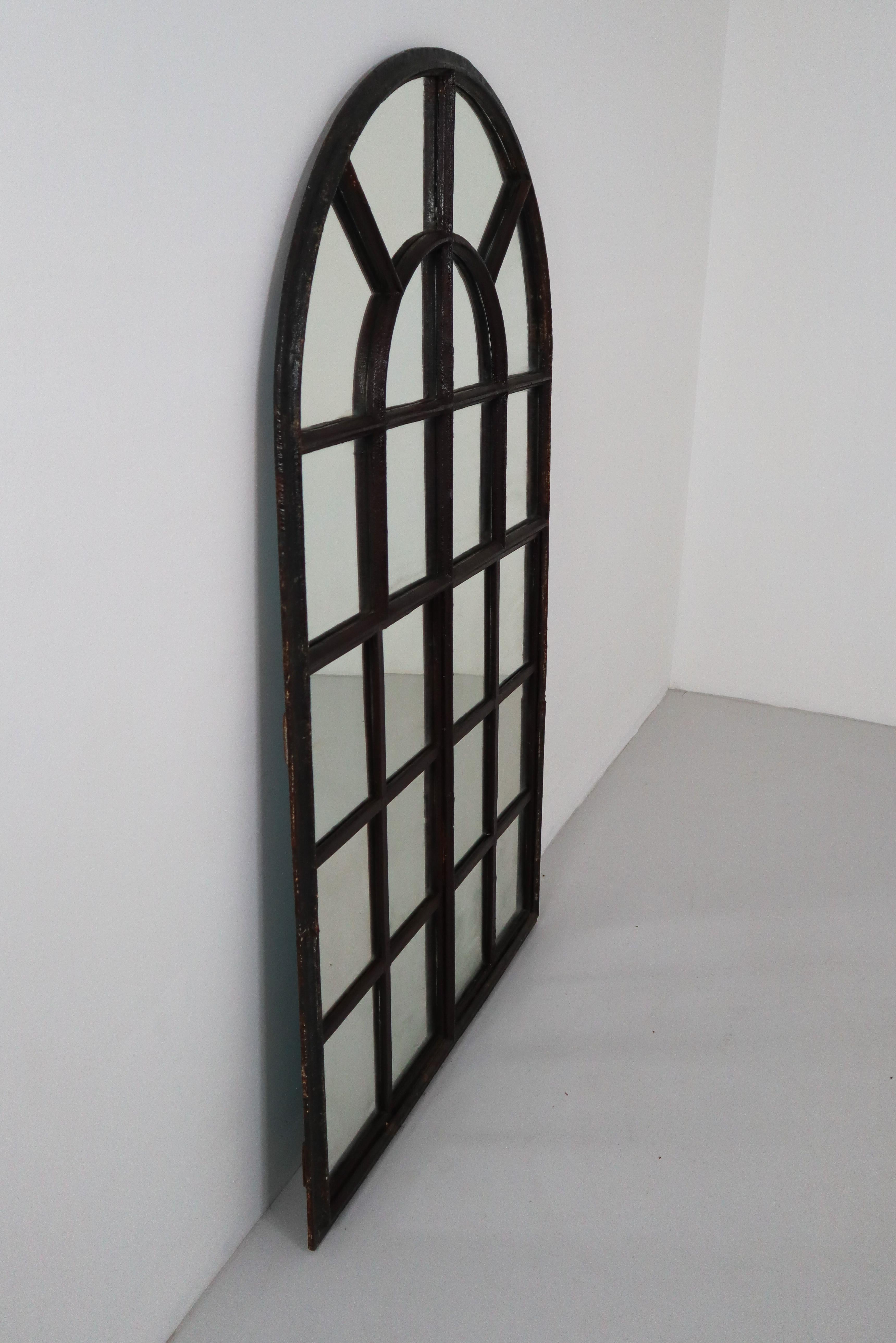 French Provincial Large Early Cast Iron Arched Industrial Window with Mirror, France, 1800s
