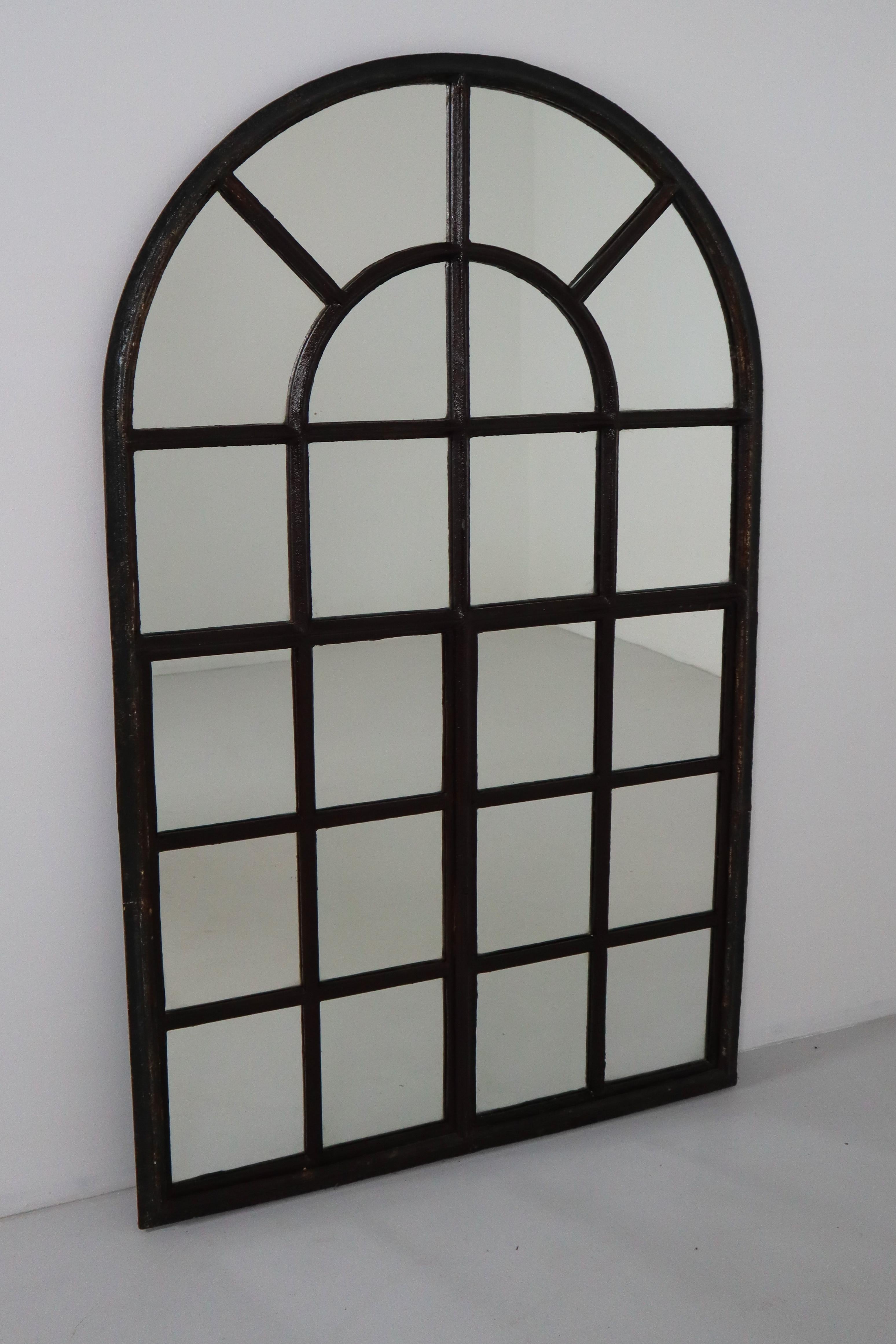 French Large Early Cast Iron Arched Industrial Window with Mirror, France, 1800s