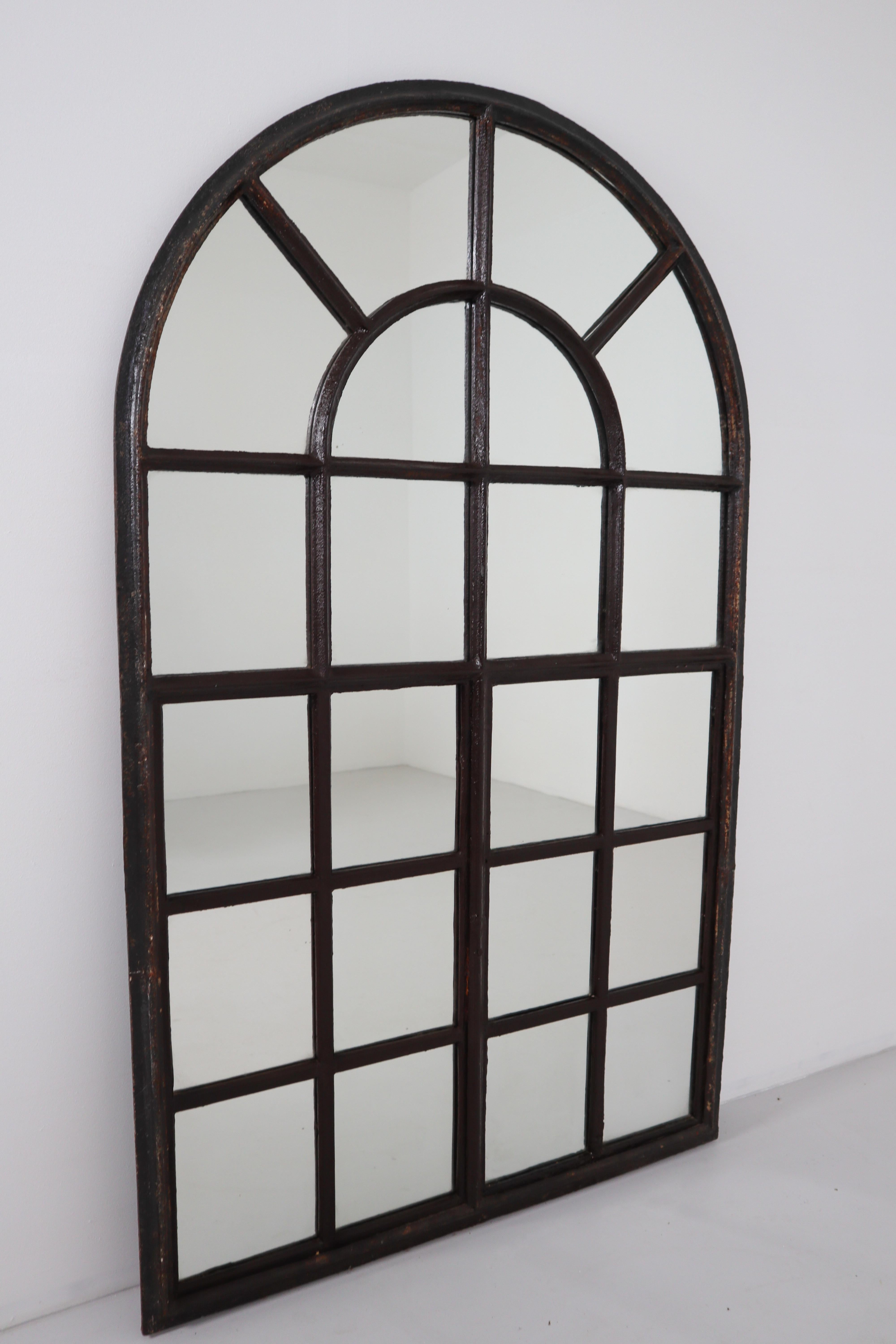 Large Early Cast Iron Arched Industrial Window with Mirror, France, 1800s In Good Condition In Almelo, NL