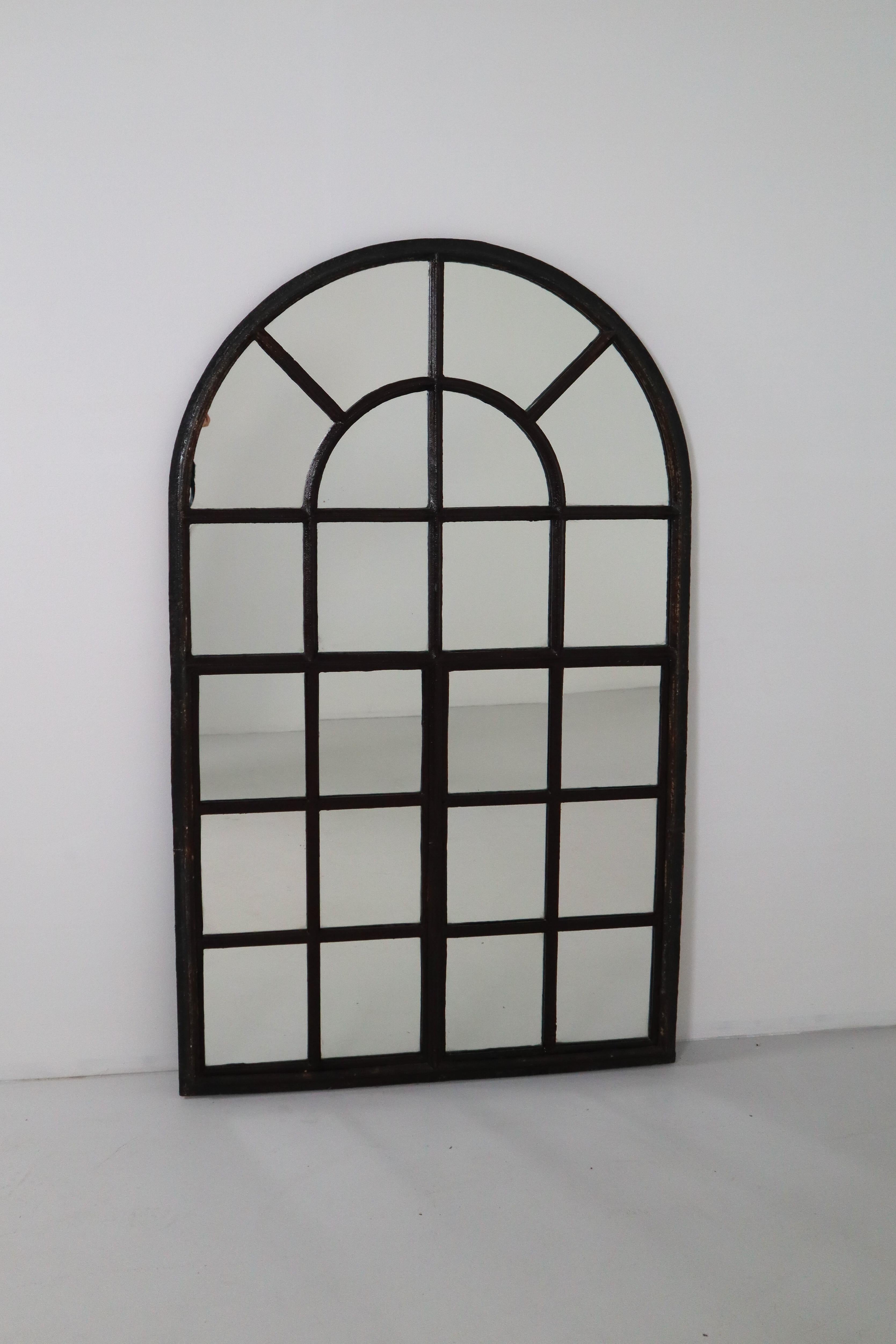 19th Century Large Early Cast Iron Arched Industrial Window with Mirror, France, 1800s