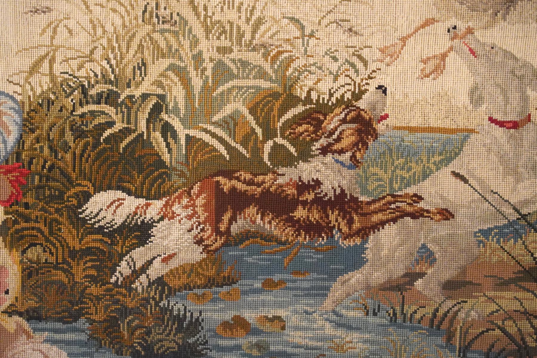 Early Victorian Large Early English Framed Needlepoint Depicting Hunting Scene with Dogs, 1840