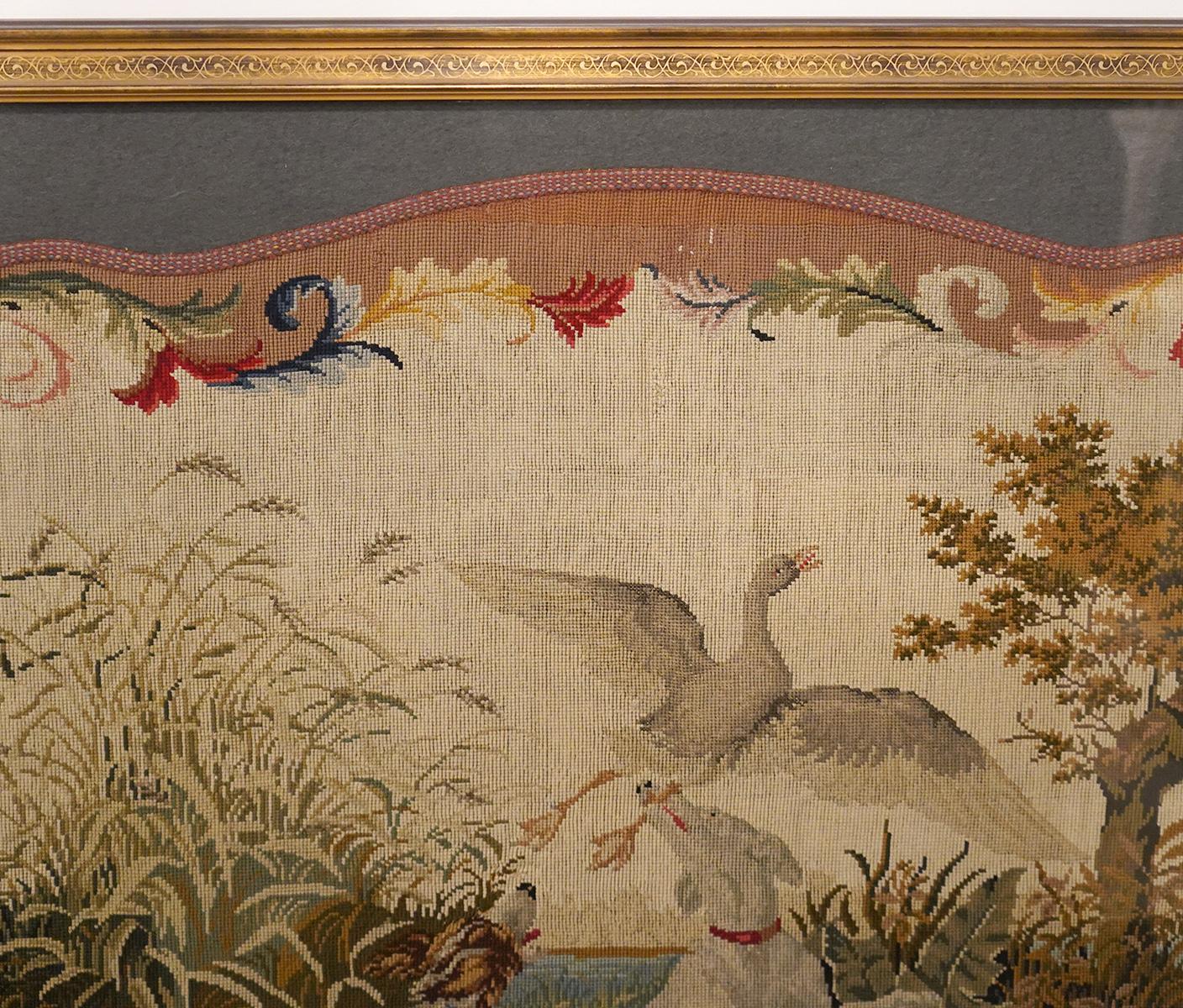 Wool Large Early English Framed Needlepoint Depicting Hunting Scene with Dogs, 1840