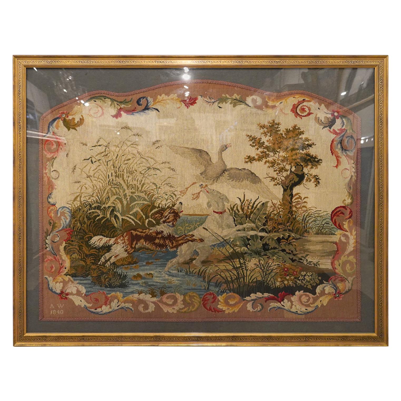 Large Early English Framed Needlepoint Depicting Hunting Scene with Dogs, 1840
