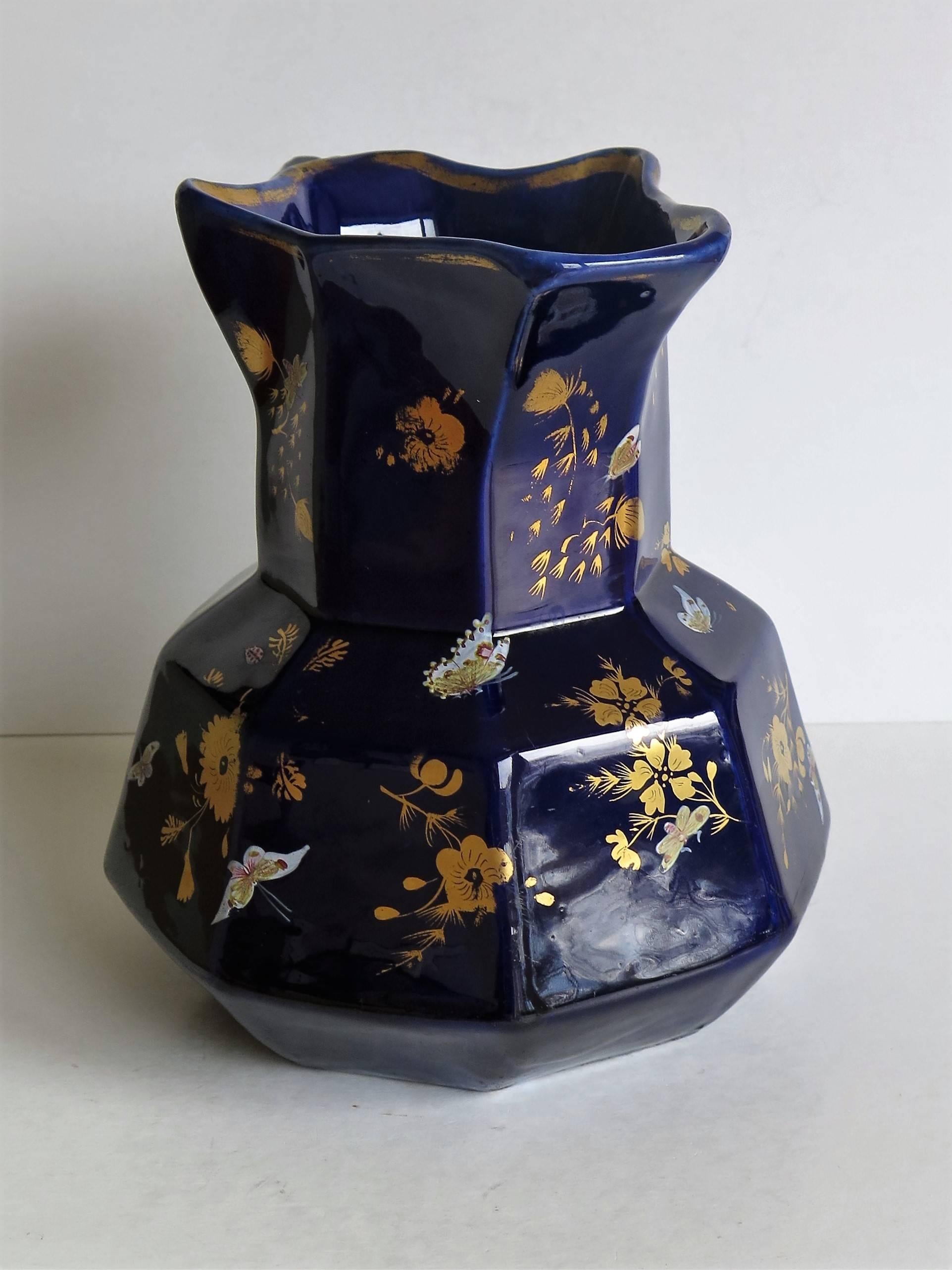 English Large Early Masons Ironstone Jug or Pitcher Hand-Painted Butterflies, Circa 1825