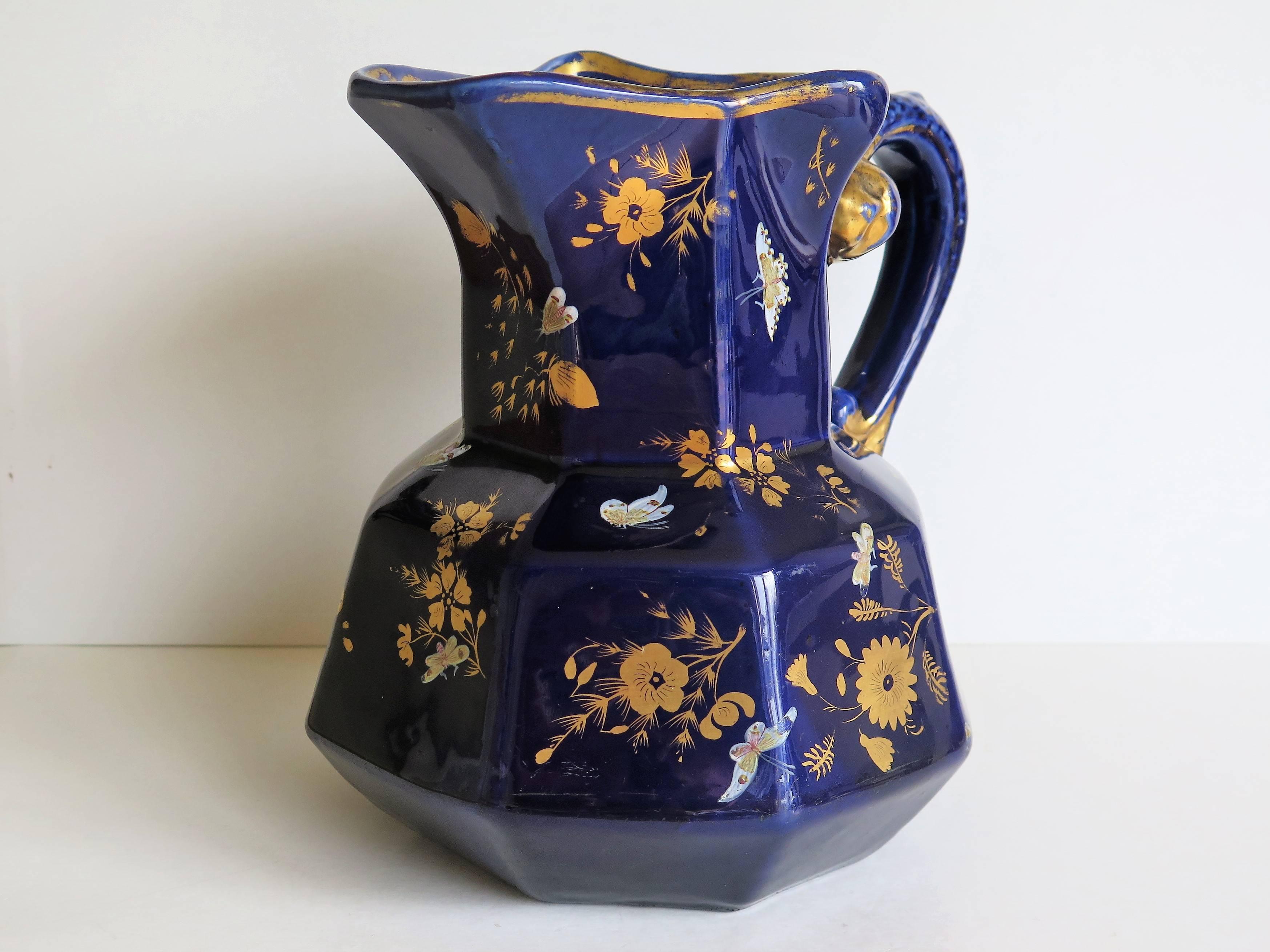 Large Early Masons Ironstone Jug or Pitcher Hand-Painted Butterflies, Circa 1825 In Good Condition In Lincoln, Lincolnshire