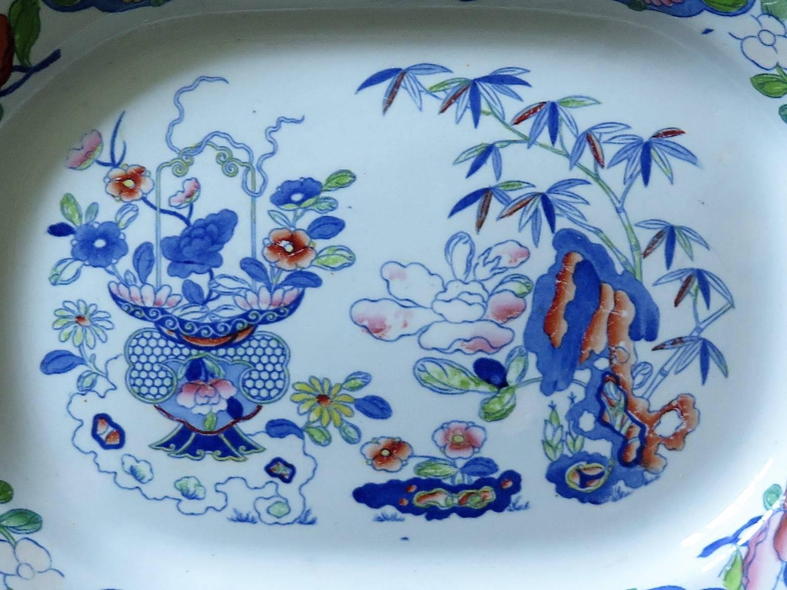 Hand-Painted Large Early Mason's Ironstone Platter, Bamboo and Basket Pattern, Ca. 1815