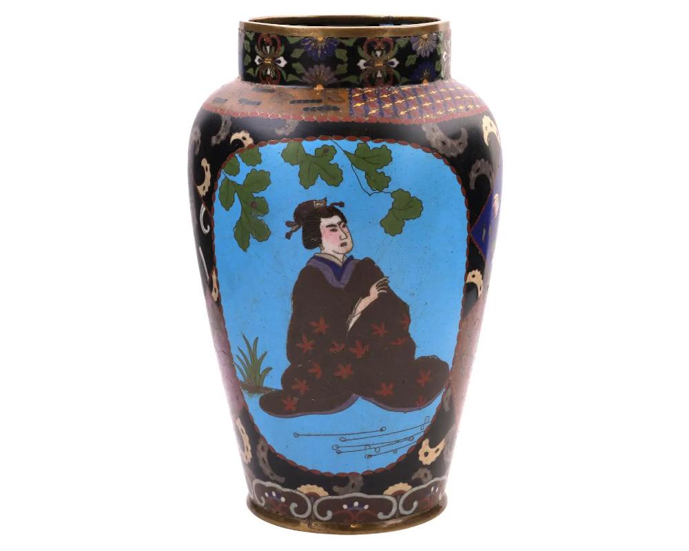 An antique Meiji period Japanese polychrome cloisonne enamel vase of an ovoid form with short and wide neck, bearing two painted enamel panels, the recto panel shows a noble Japanese lady in a landscape and the reverse panel shows a composition with