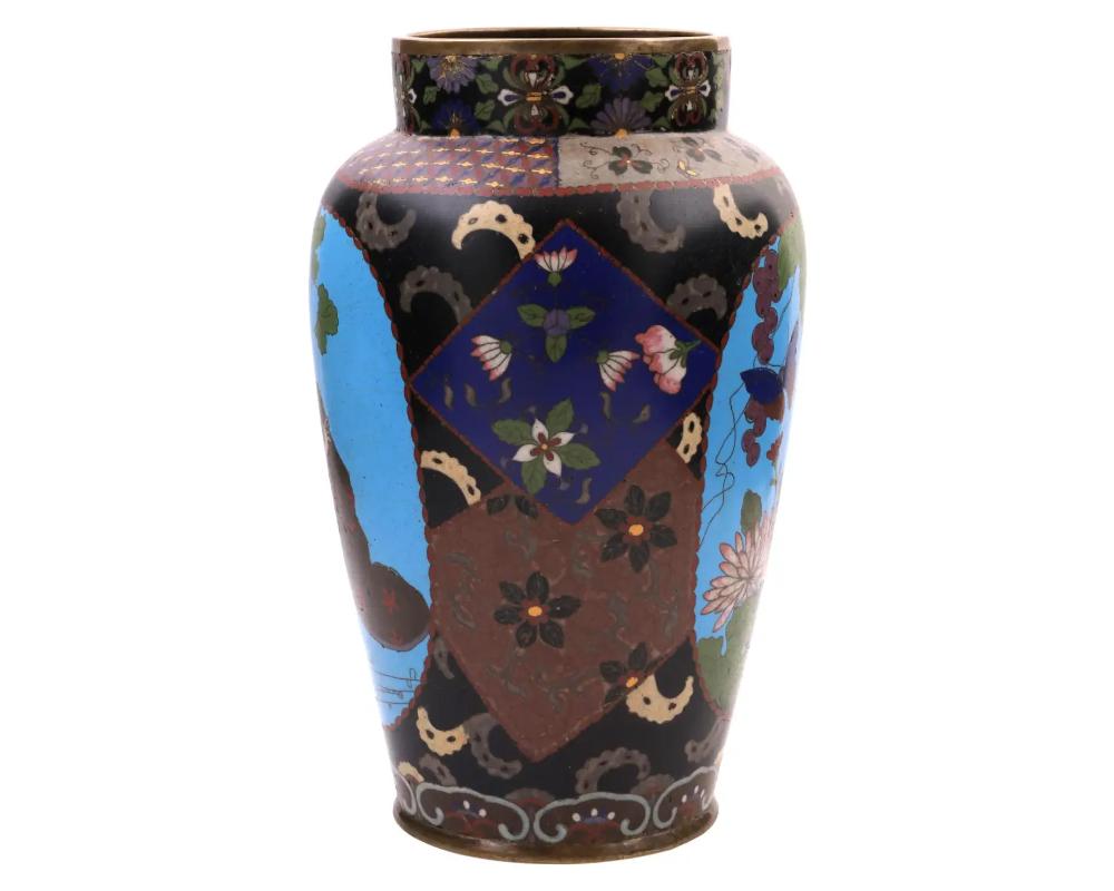 Cloissoné Large Early Meiji Japanese Cloisonne Enamel Pictorial and Geometric Vase For Sale