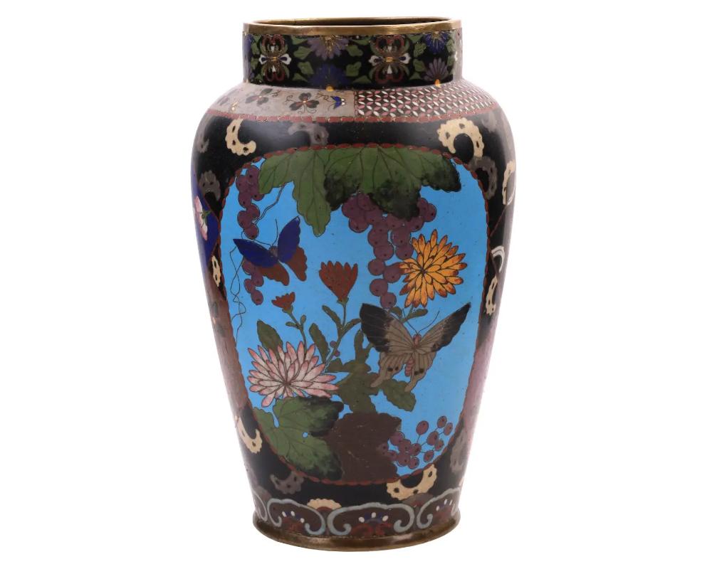 Large Early Meiji Japanese Cloisonne Enamel Pictorial and Geometric Vase In Good Condition For Sale In New York, NY