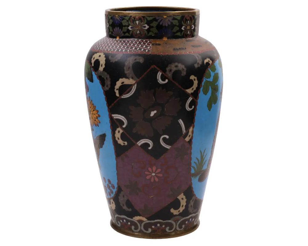 19th Century Large Early Meiji Japanese Cloisonne Enamel Pictorial and Geometric Vase For Sale