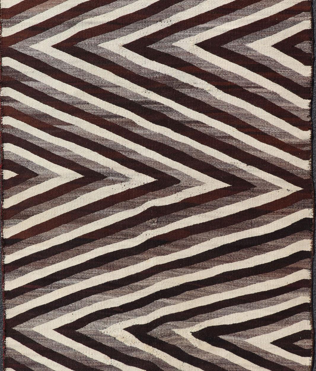 Large Early Navajo Tribal Rug with Large Zig-Zag Design in Brown, Ivory For Sale 1