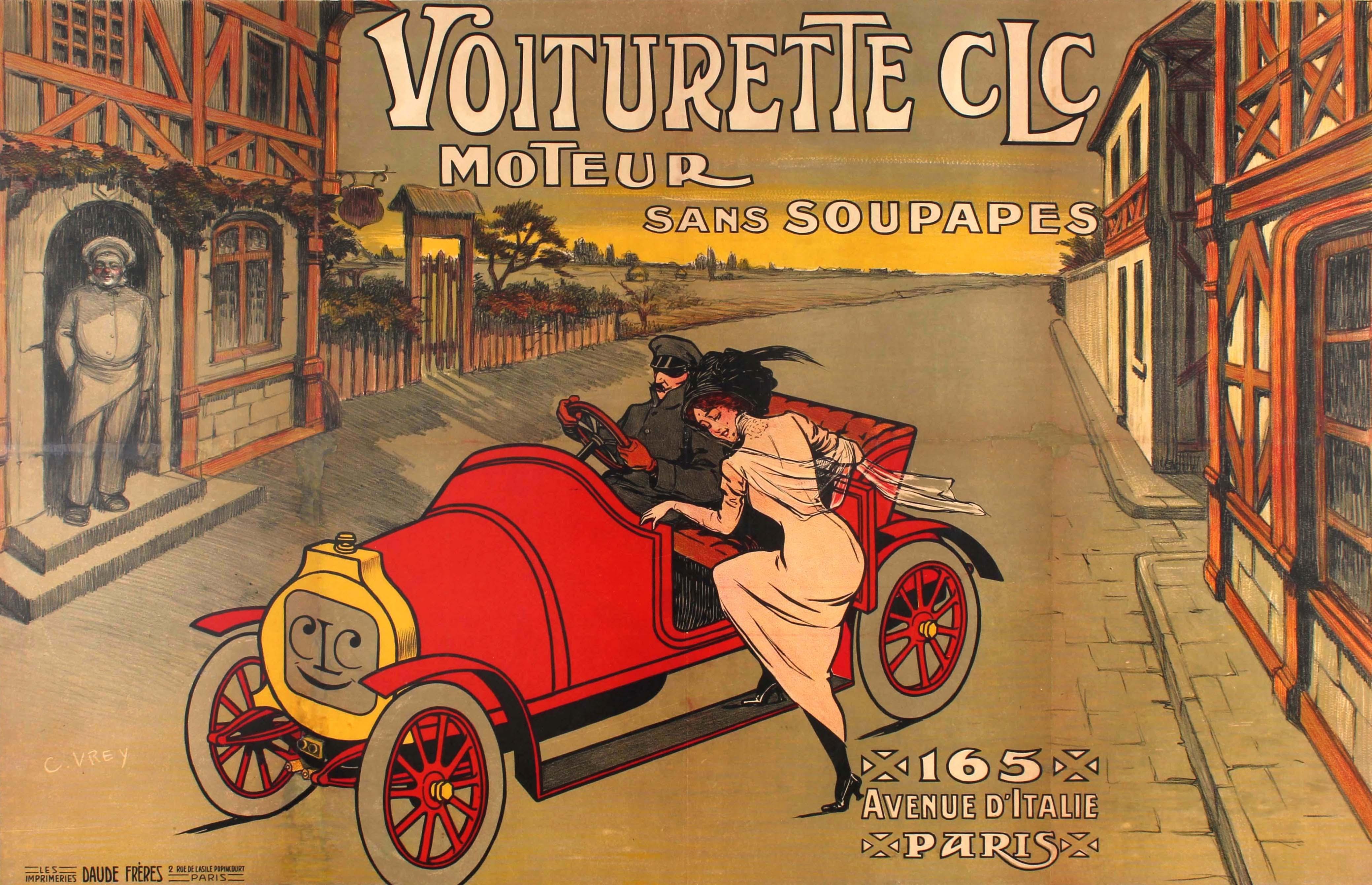 Original antique early car advertising poster for the Voiturette CLC miniature automobile Moteur sans soupapes / Engine without valves featuring a fantastic illustration showing a lady wearing a fashionable dress and hat climbing into a red