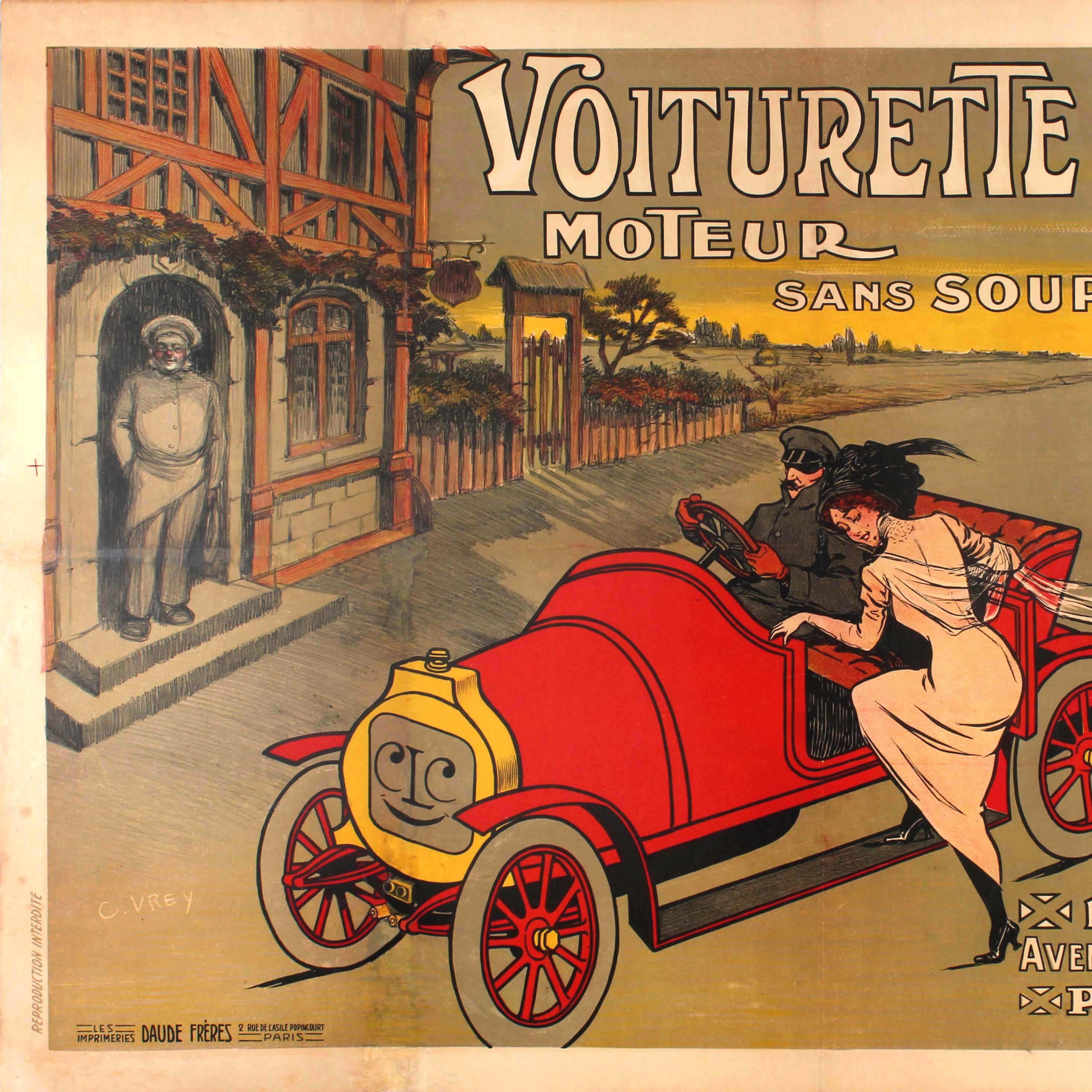 French Large Early Original Antique Car Poster for the Voiturette CLC Automobile Paris For Sale