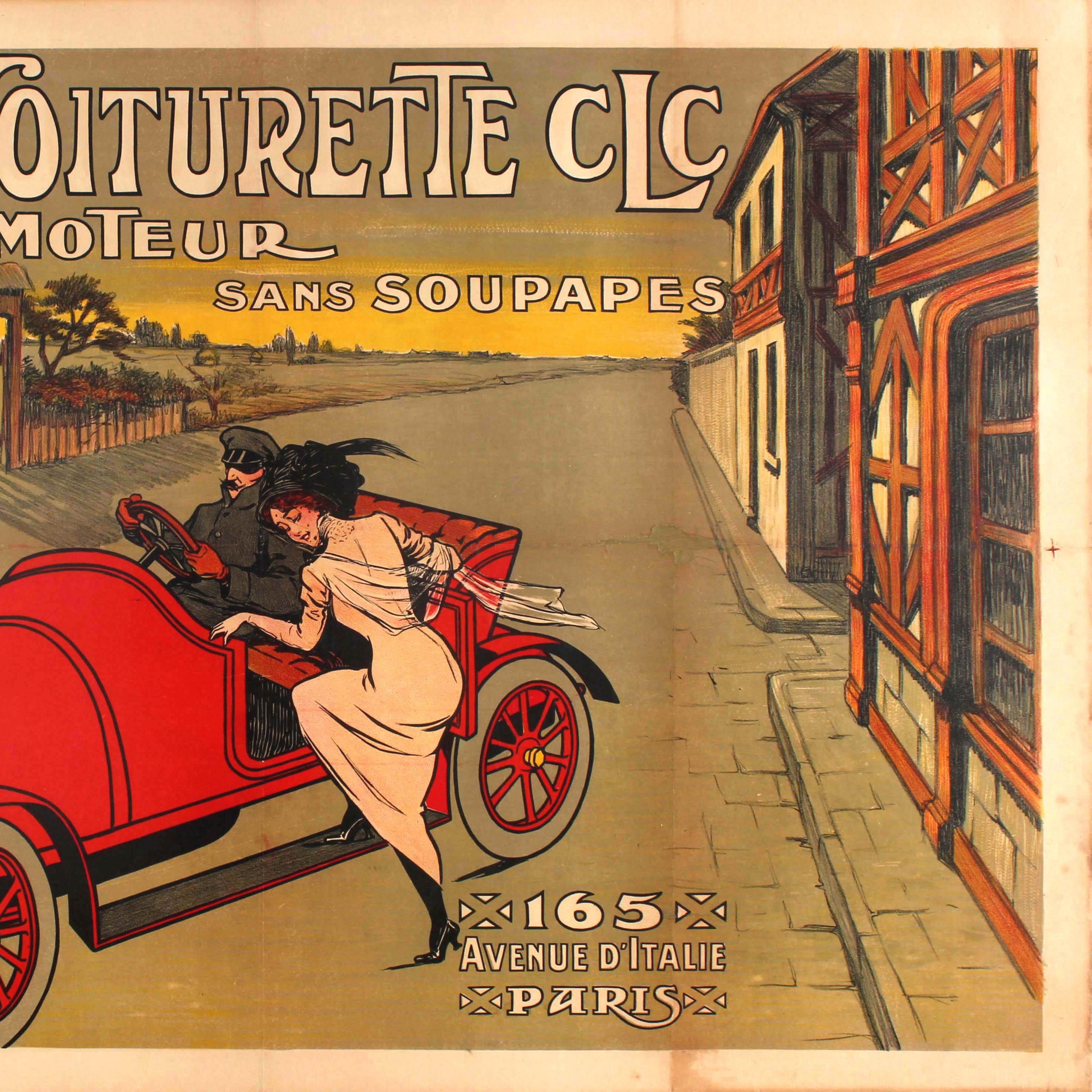 Large Early Original Antique Car Poster for the Voiturette CLC Automobile Paris In Fair Condition For Sale In London, GB