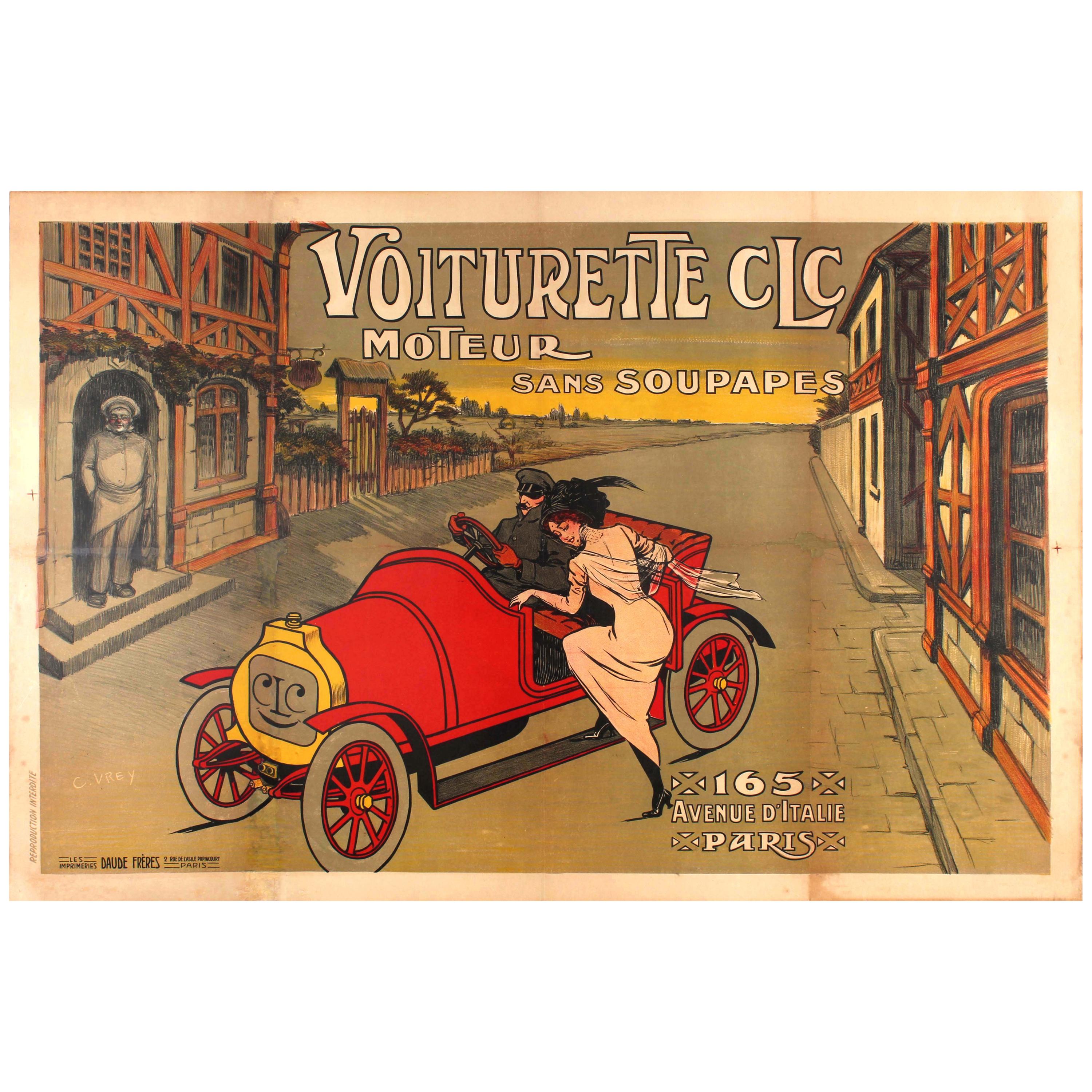 Large Early Original Antique Car Poster for the Voiturette CLC Automobile Paris
