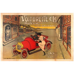 Großes frühes Original-Antiquitätenwagenplakat für das Voiturette CLC Automobile Paris