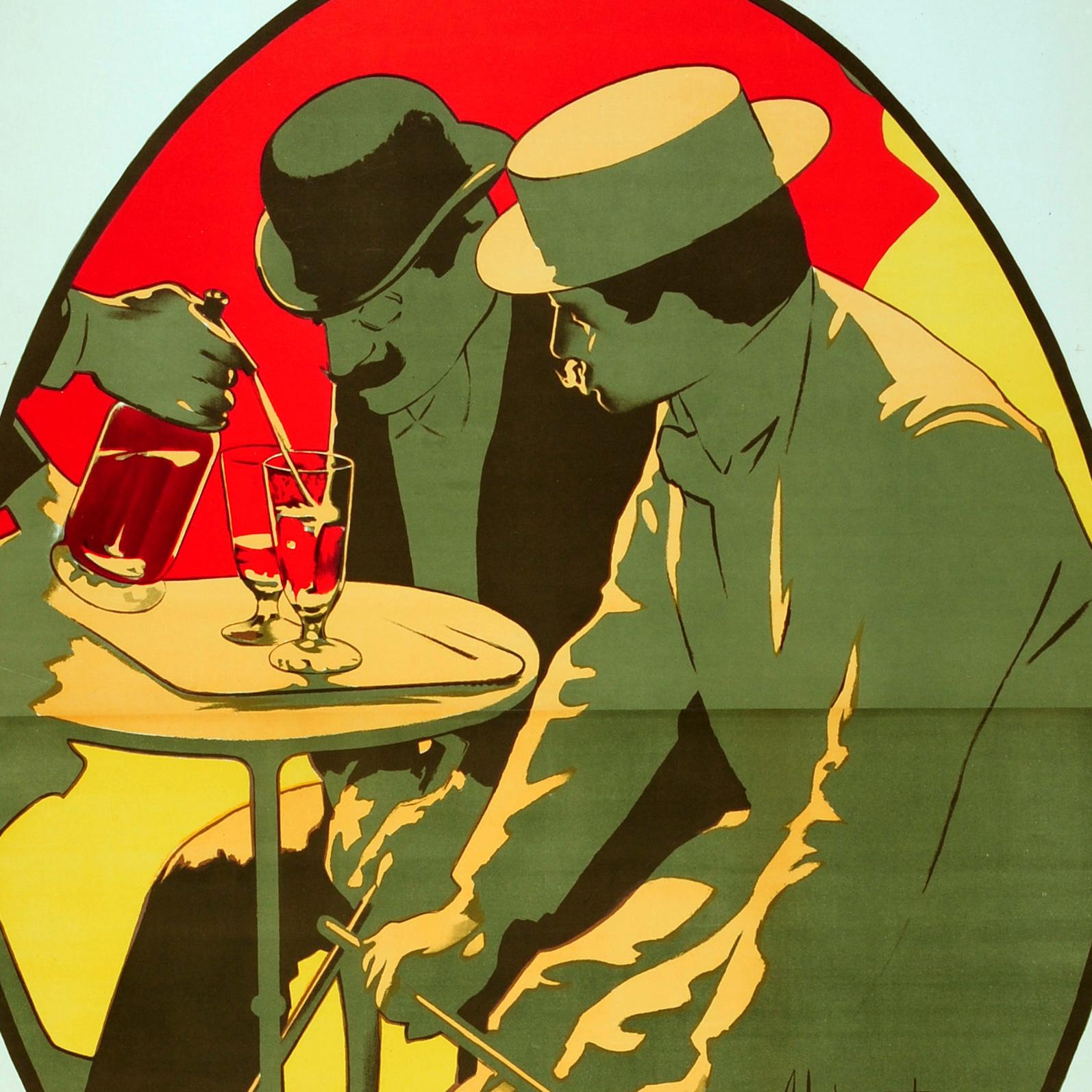 Original antique three panel drink advertising poster for the Italian bitter aperitif alcohol brand Campari featuring a striking oval framed Art Nouveau style design by the notable German painter, illustrator, set and costume designer considered the