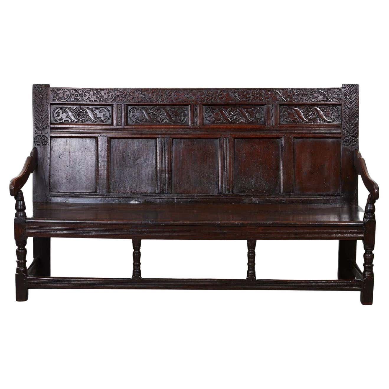 Large Early Panel Back Oak Settle For Sale at 1stDibs