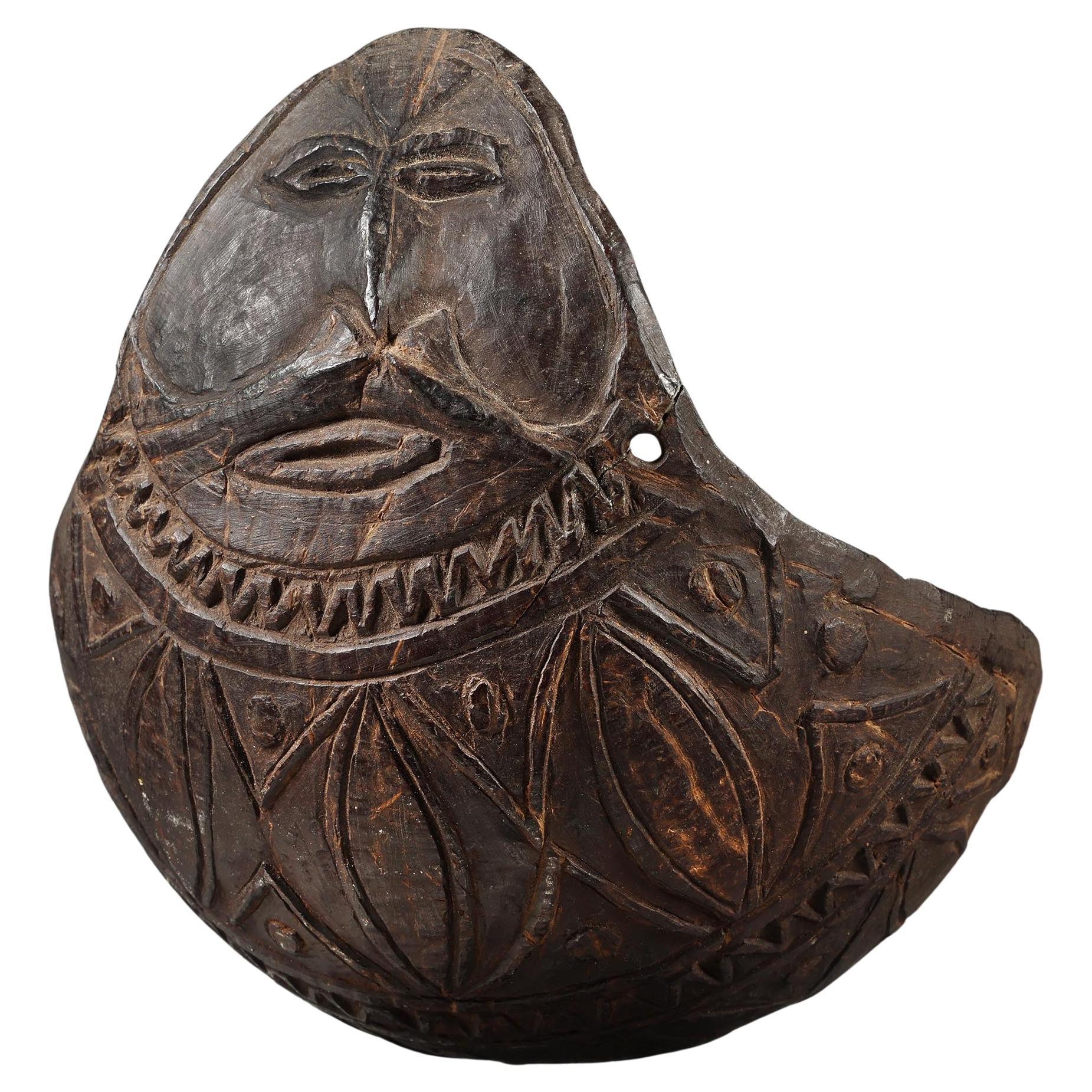 Large Early Papua New Guinea Carved Coconut Scoop or Spoon with Figure