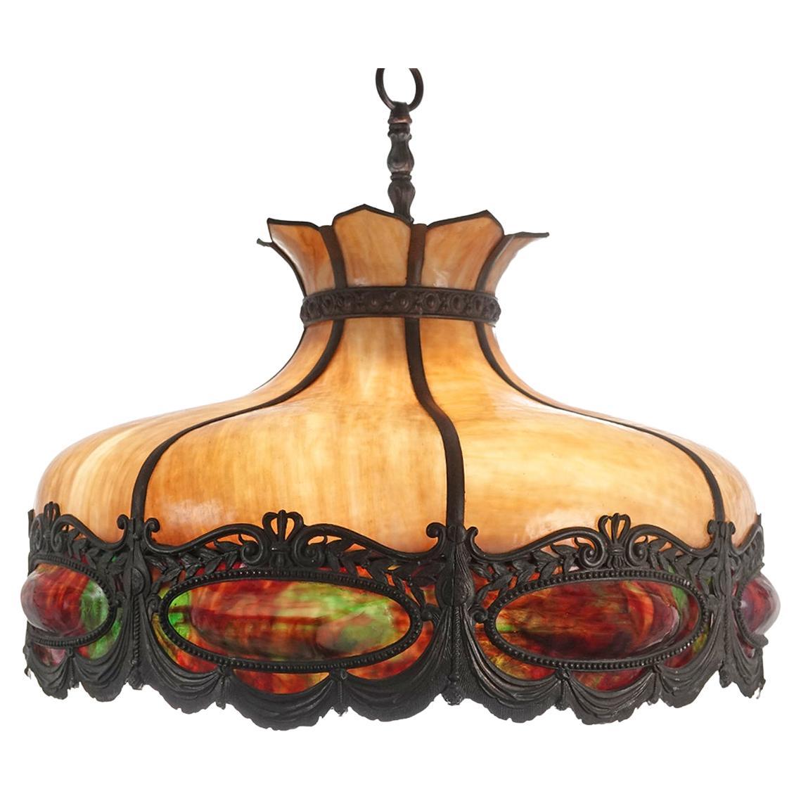 Large Early Stained Slump Glass Chandelier For Sale