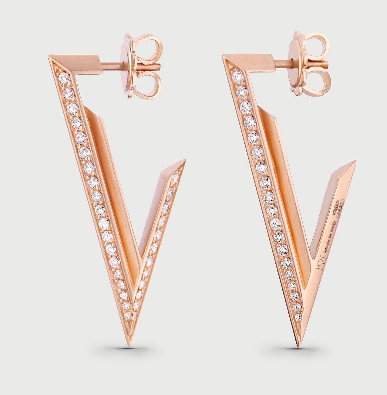 Large Earrings crafted in 18K Rose Gold & White Diamonds 0.85 ct.  18K Matt Rose Gold 10.18 gr. 

Hand crafted and made in Italy. Gemstones are natural and not treated. 

Design is inspired by sacred geometry - the triangle. 
Triangles are a