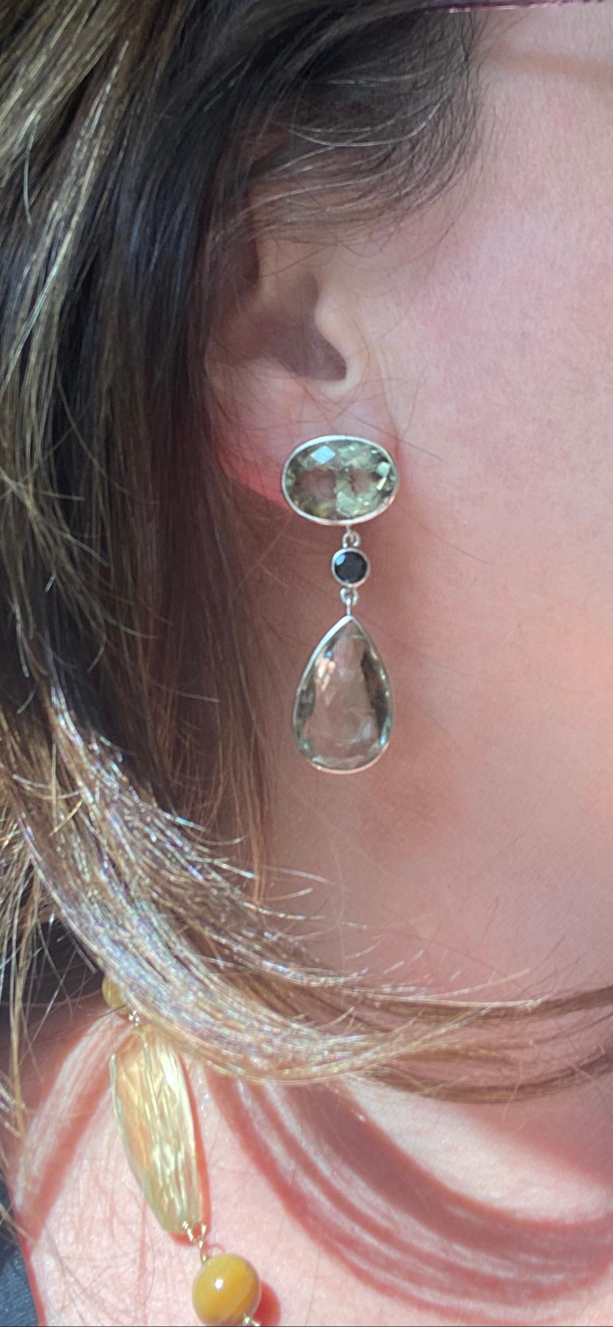 Pear Cut Large Earrings with Tourmalines Dangling with Green Quartz in Sterling Silver For Sale