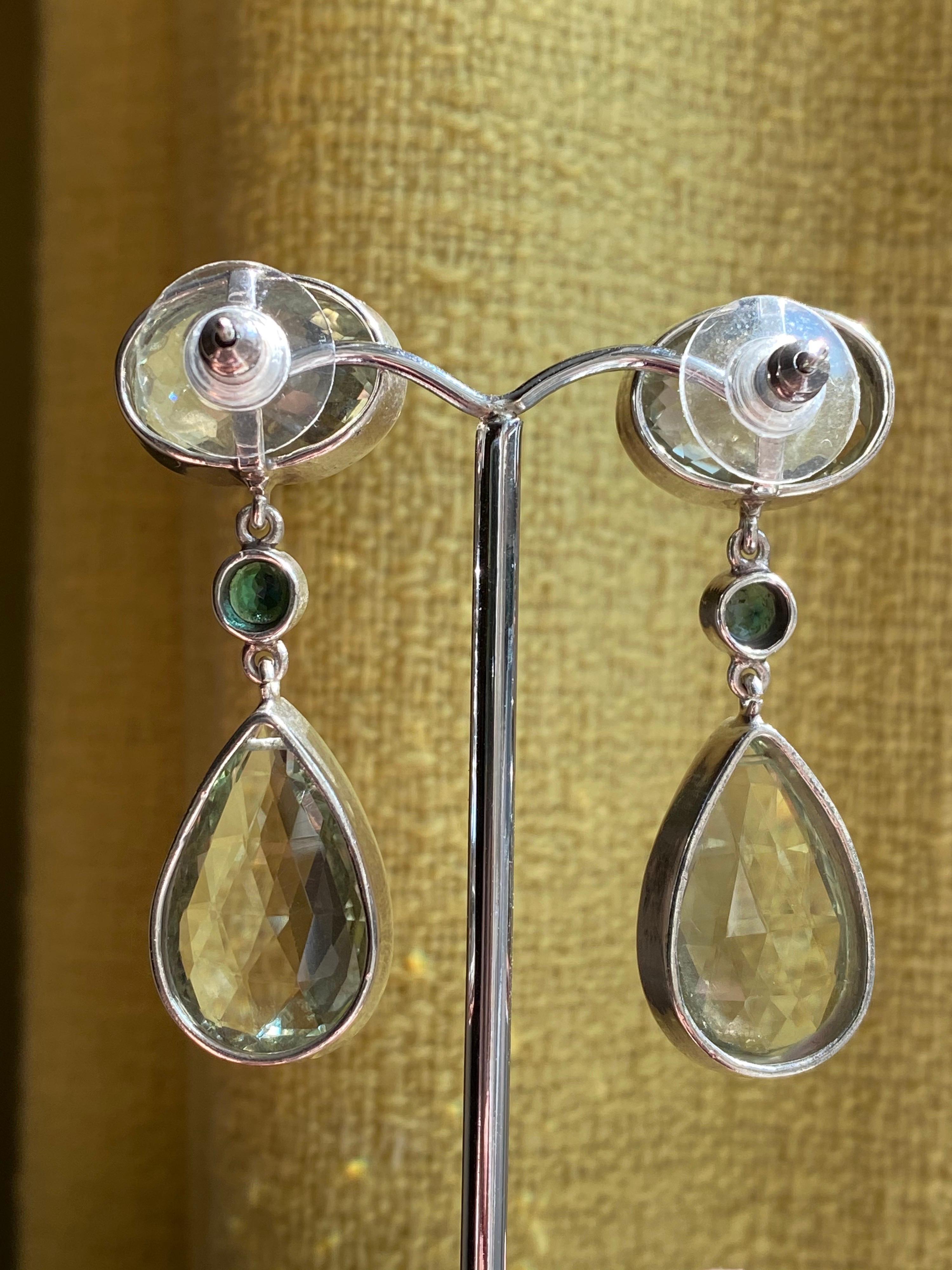 Large Earrings with Tourmalines Dangling with Green Quartz in Sterling Silver In Excellent Condition For Sale In New York, NY