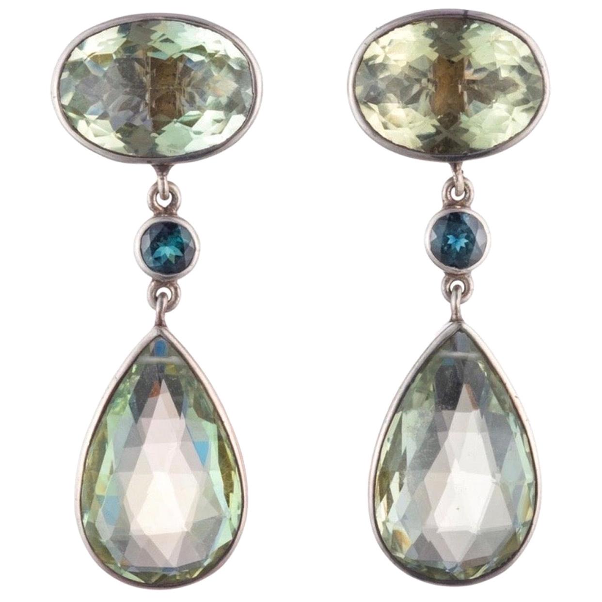 Large Earrings with Tourmalines Dangling with Green Quartz in Sterling Silver For Sale