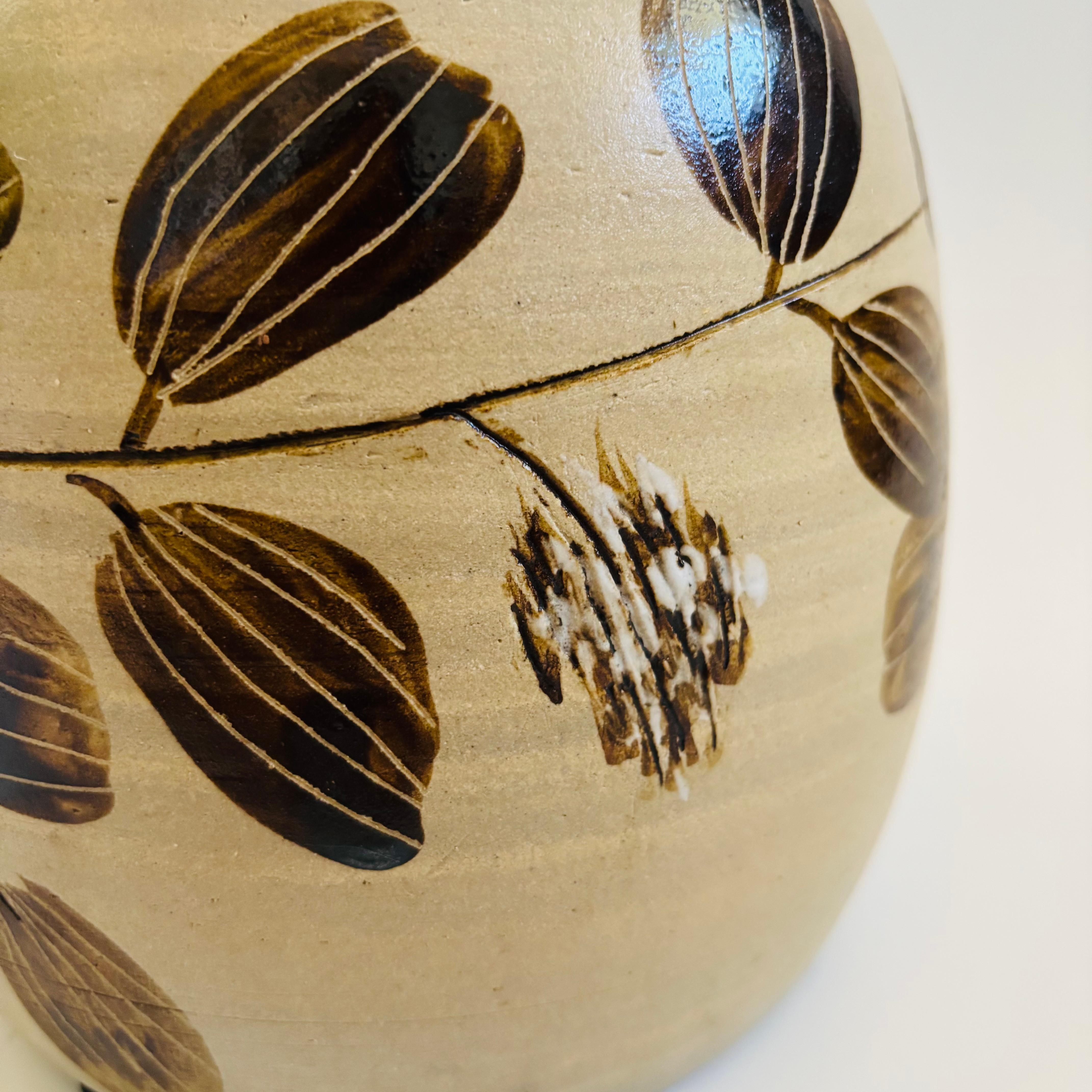 20th Century Large Earth Tone Painted Leaf Pottery Vase For Sale