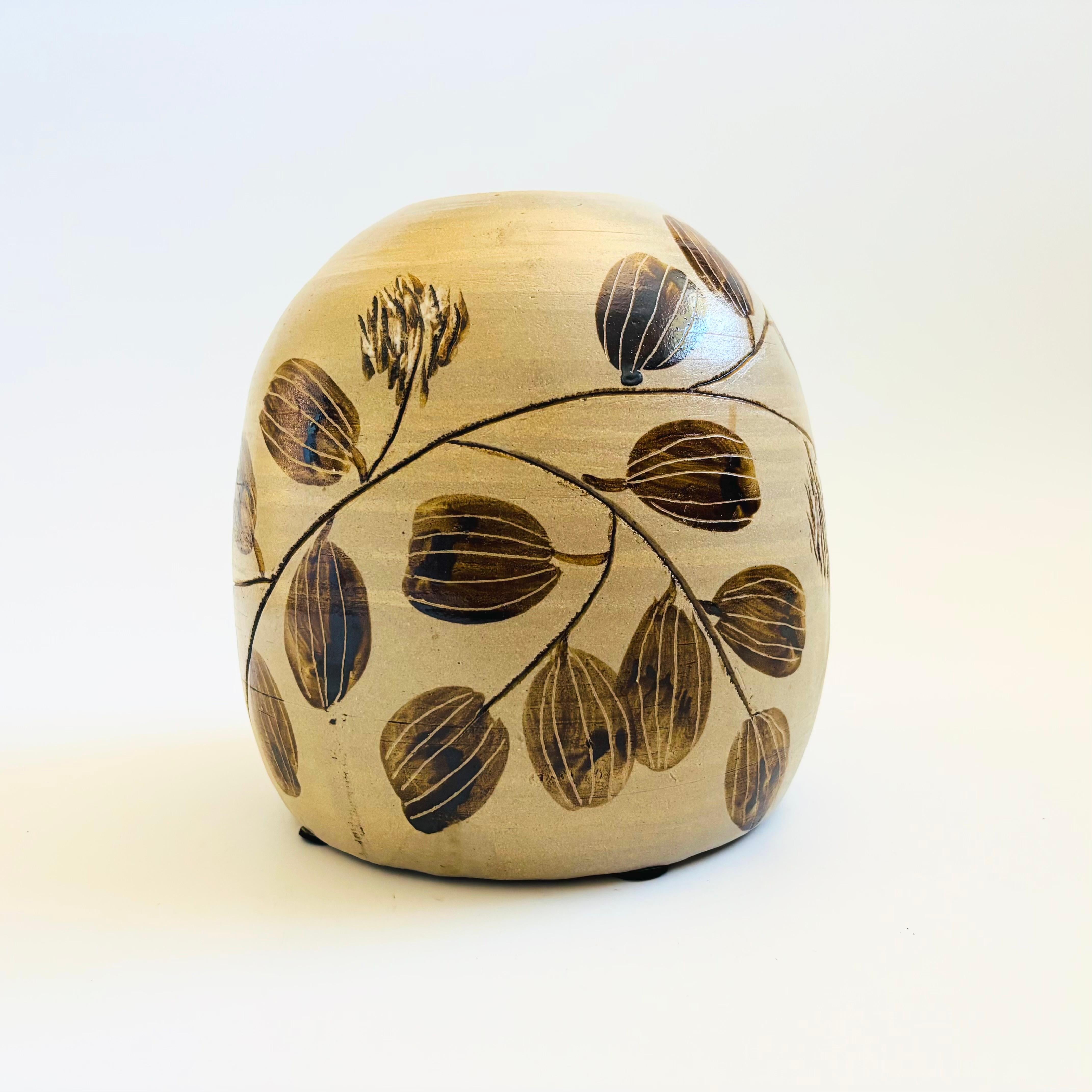 Large Earth Tone Painted Leaf Pottery Vase For Sale 1