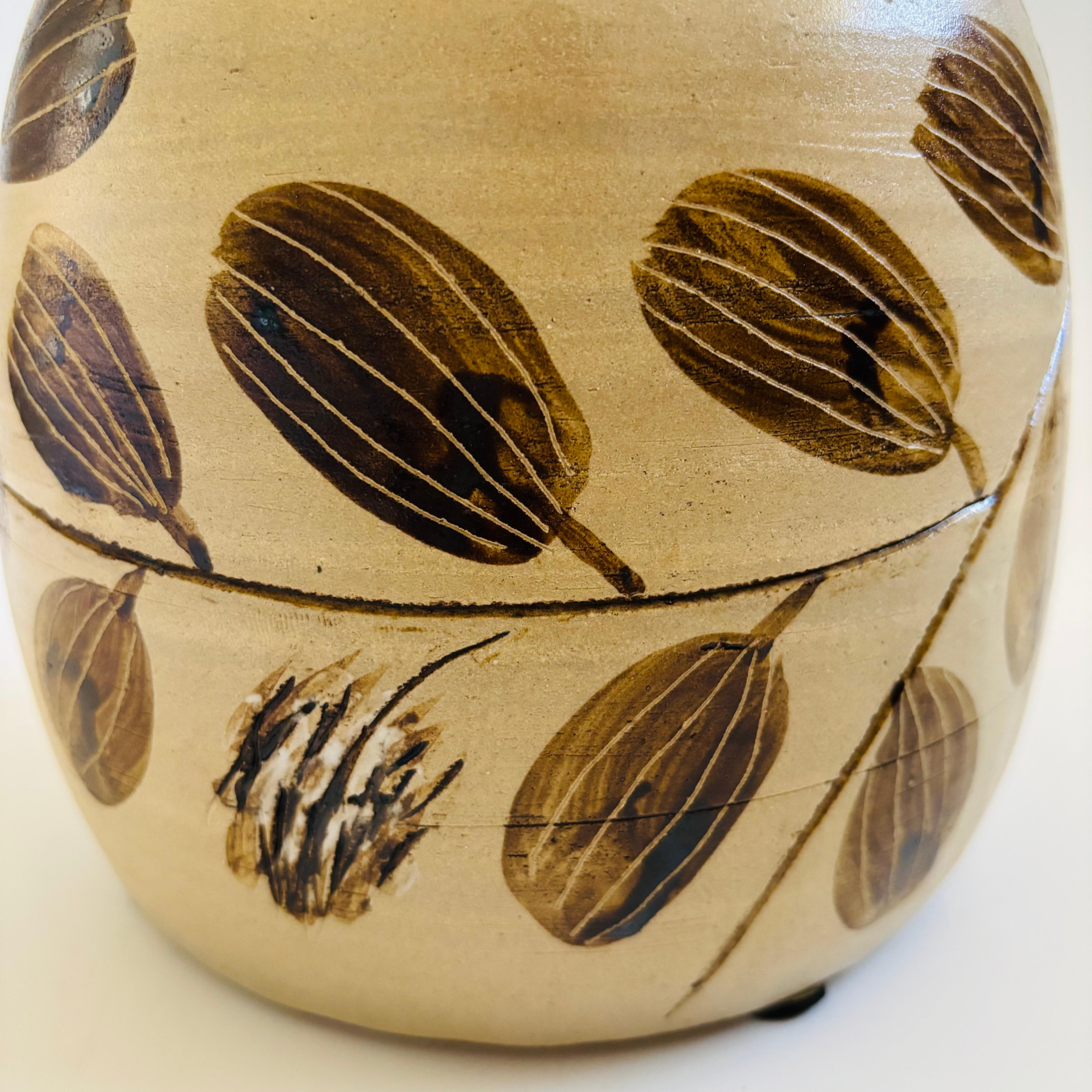 Large Earth Tone Painted Leaf Pottery Vase For Sale 2
