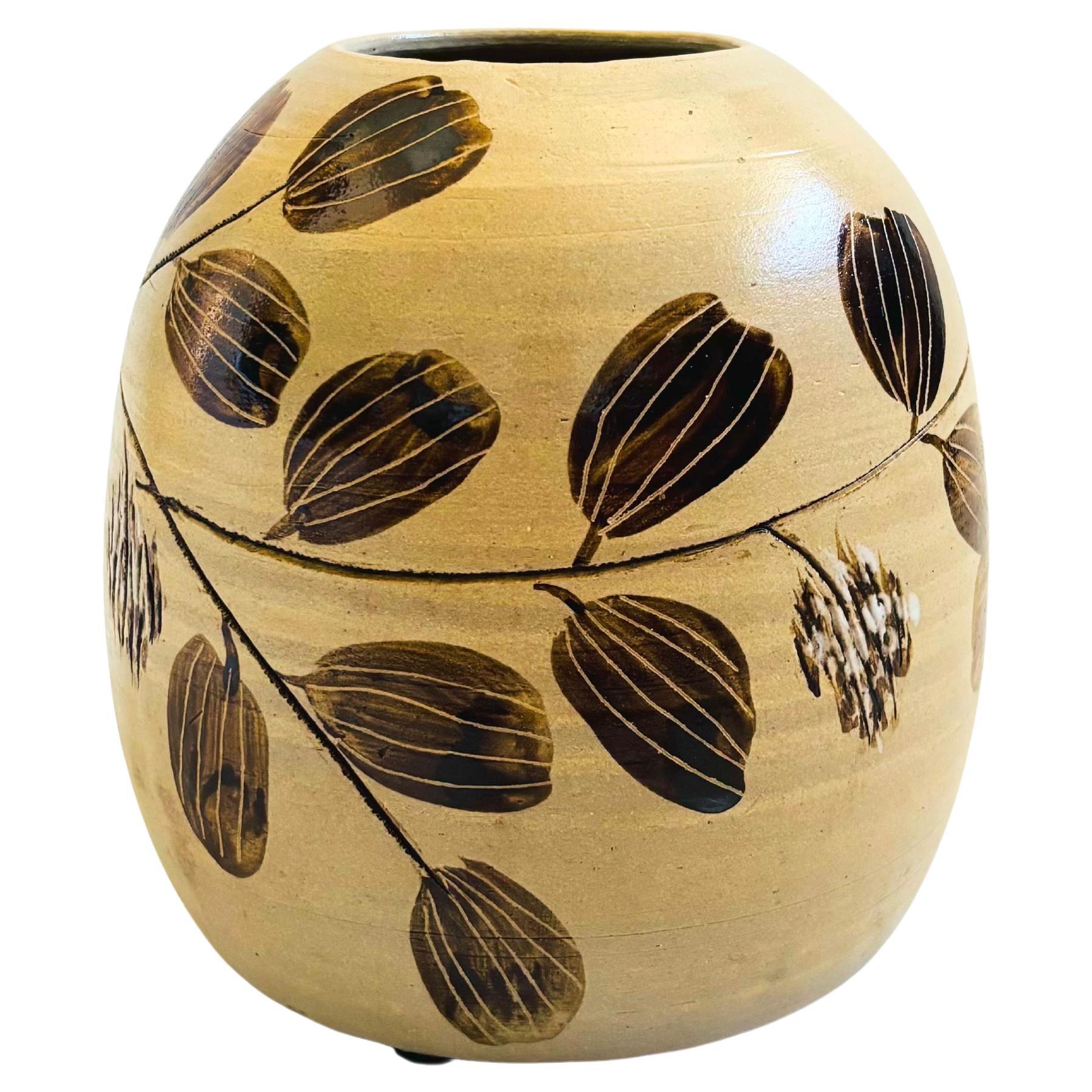 Large Earth Tone Painted Leaf Pottery Vase For Sale