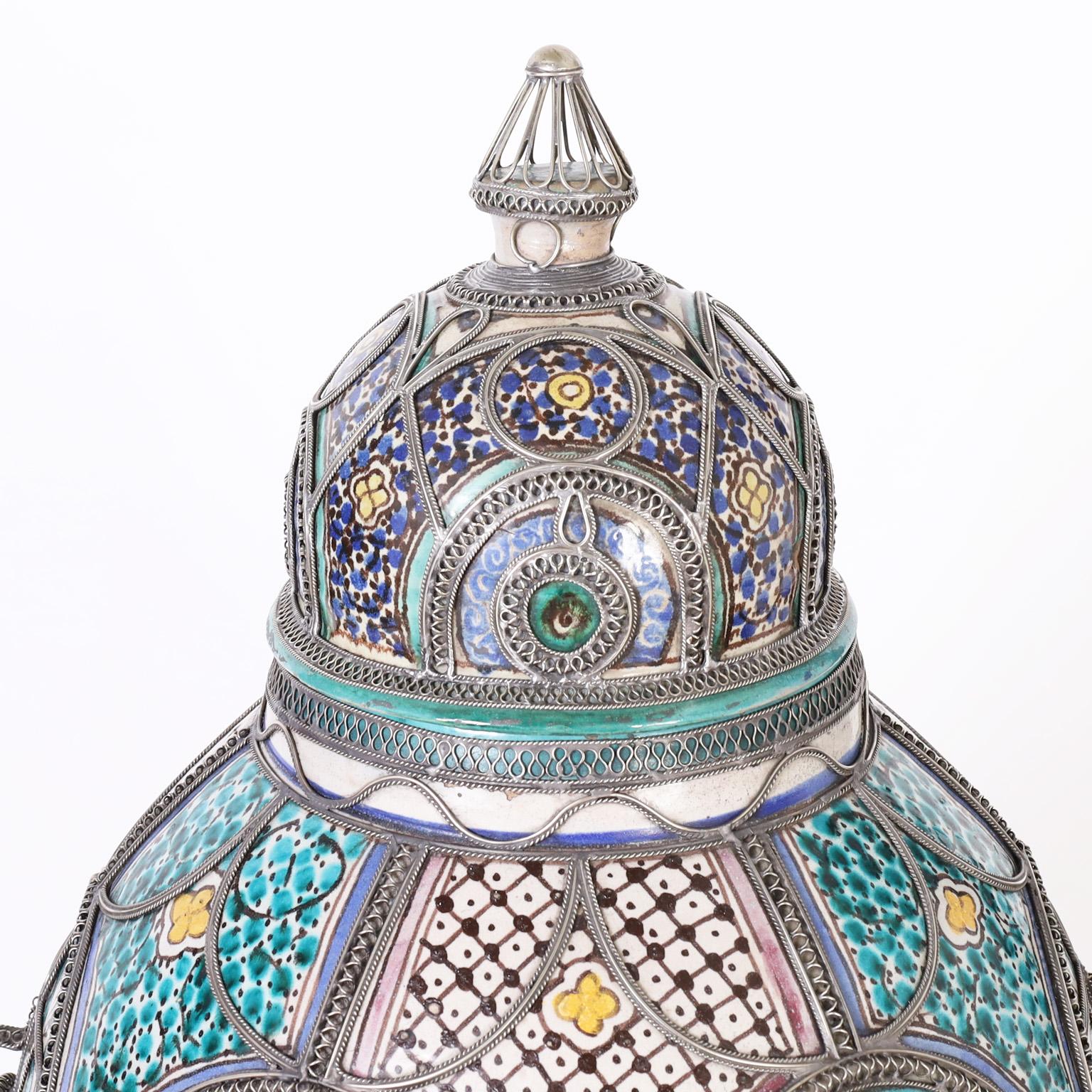 Glazed Large Earthenware and Metal Moroccan Lidded Urn For Sale