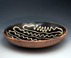 Large Earthenware Slipware Circular Baking or Loaf Dish with Trailing Decoration