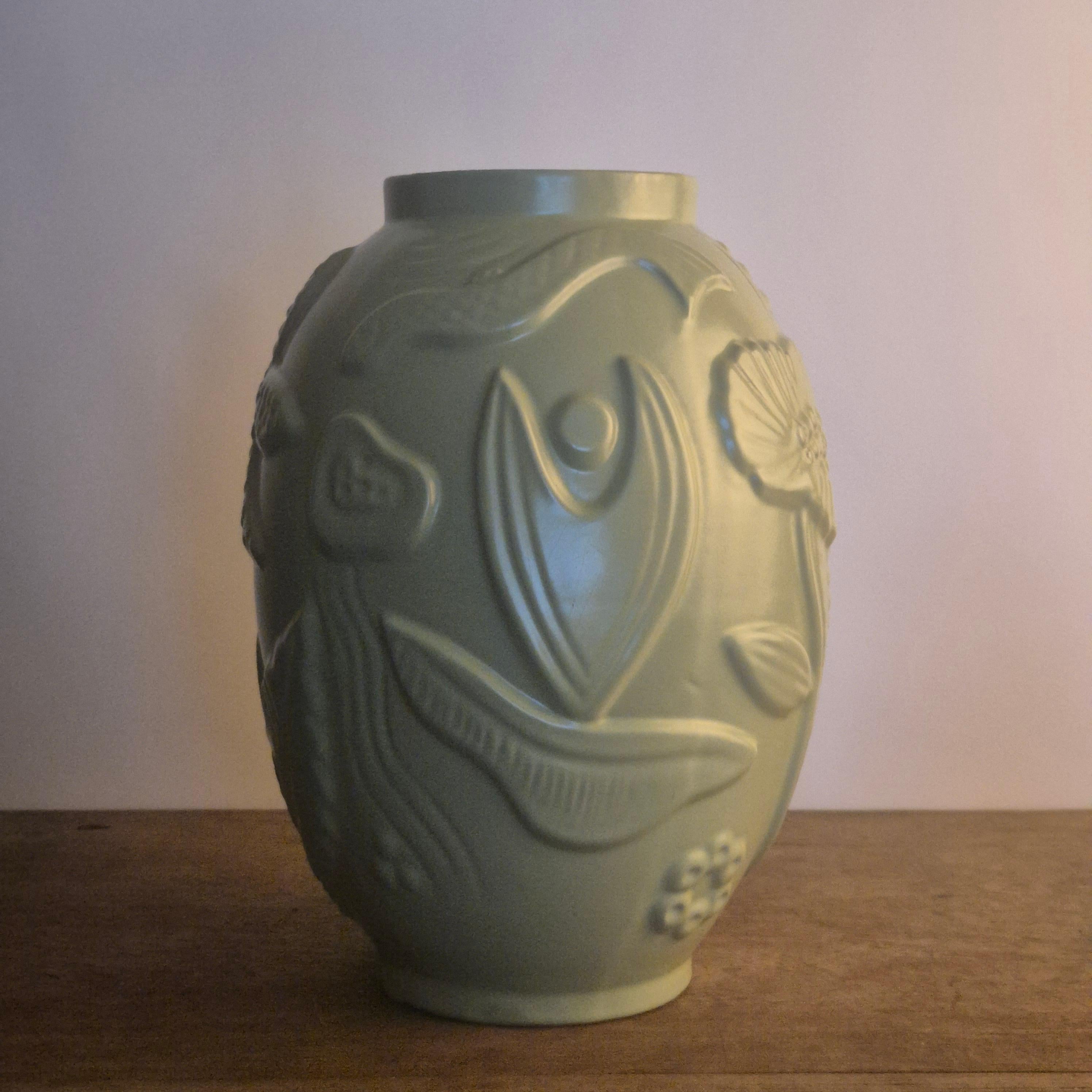 Large earthenware vase with celadon/green glaze, Swedish Modern 4