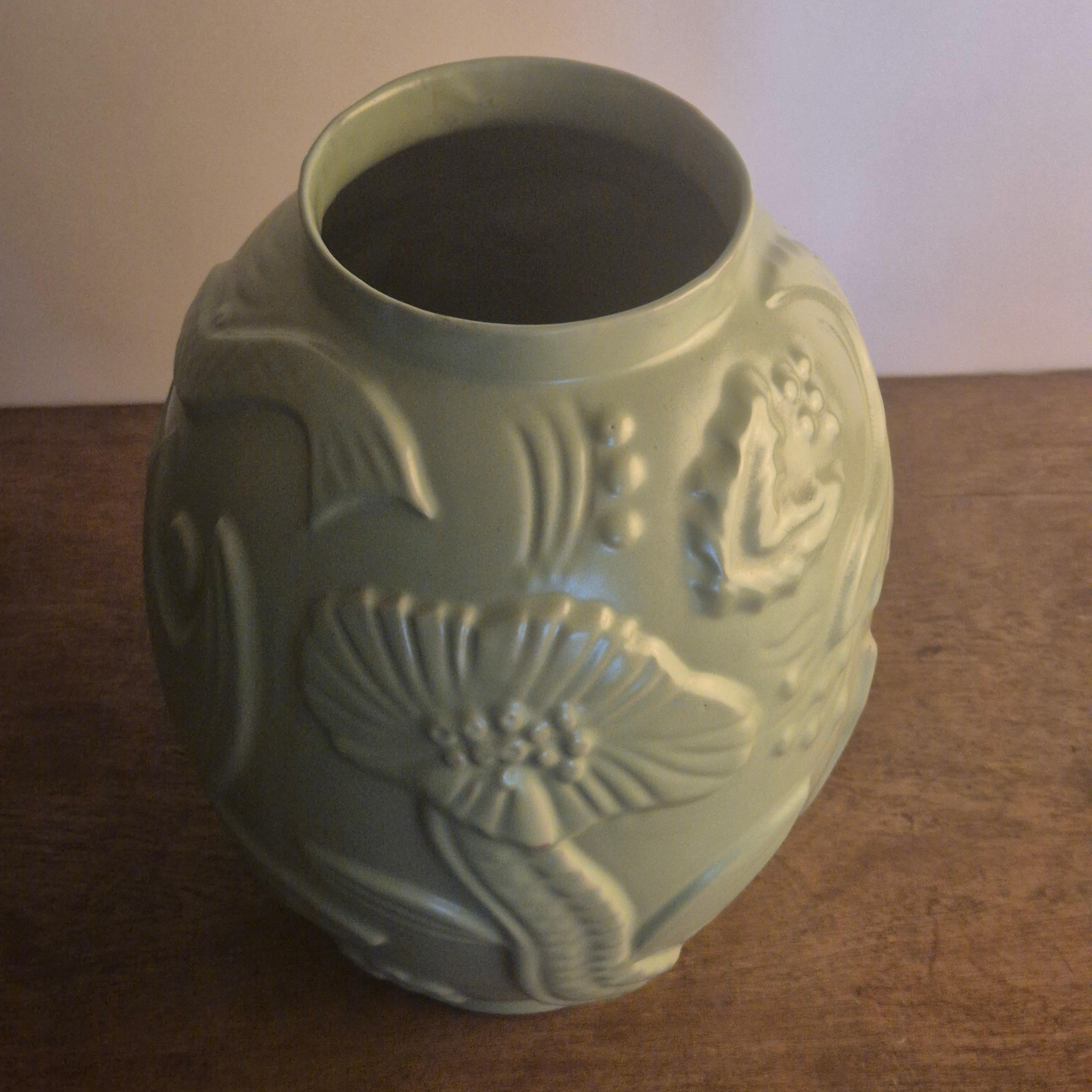Large earthenware vase with celadon/green glaze, Swedish Modern 5