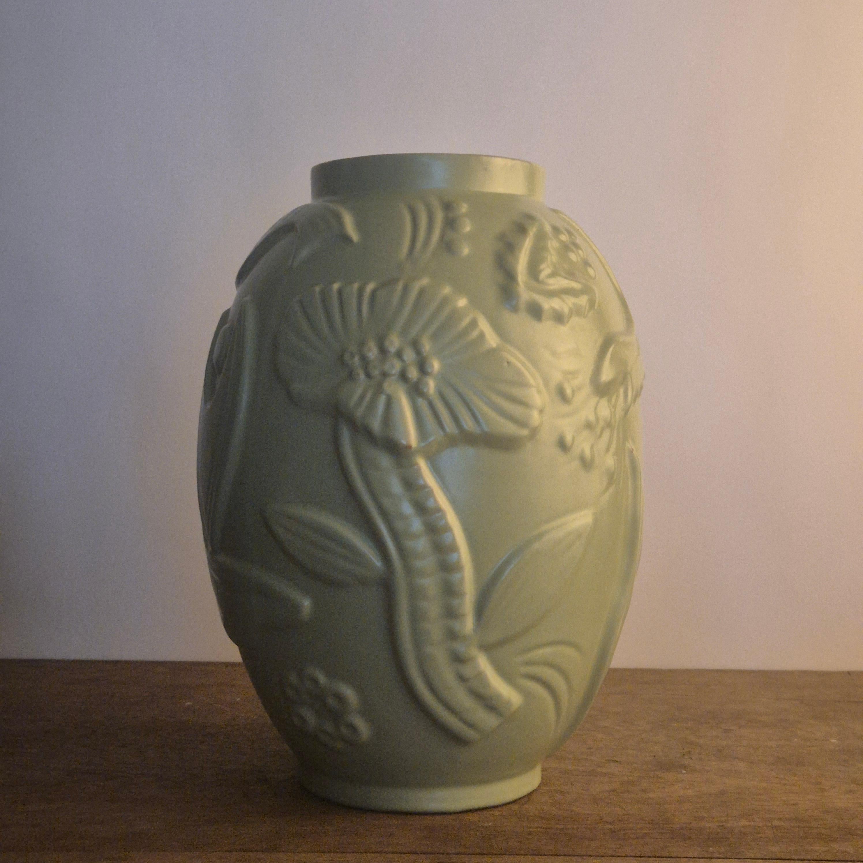 Large earthenware vase with celadon/green glaze, Swedish Modern 6