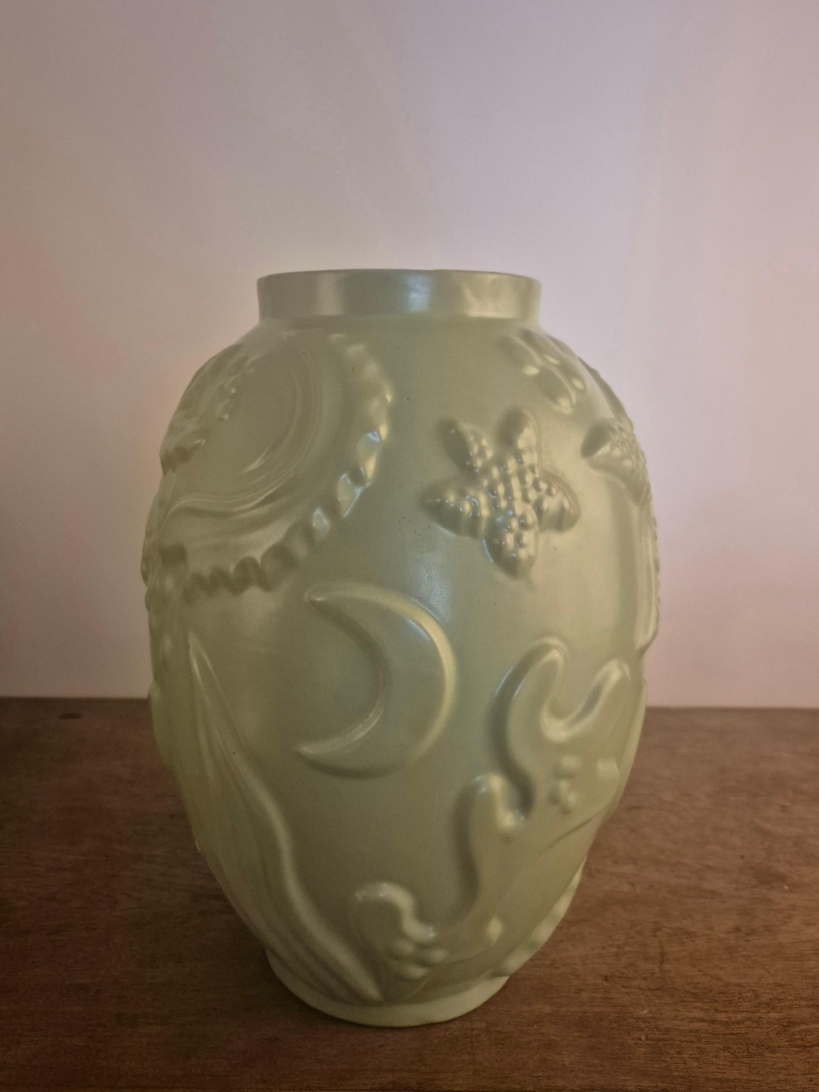 Scandinavian Modern Large earthenware vase with celadon/green glaze, Swedish Modern
