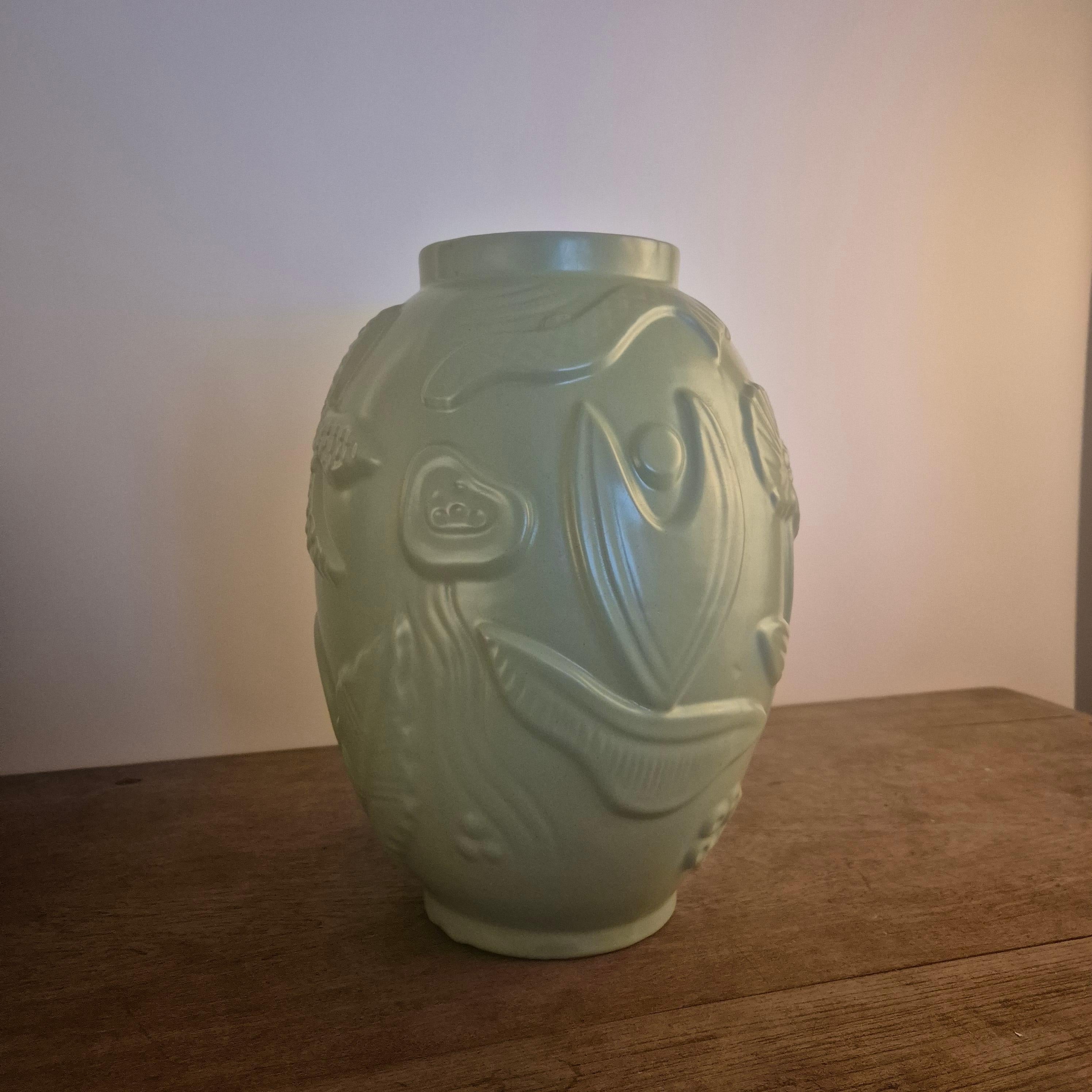 Earthenware Large earthenware vase with celadon/green glaze, Swedish Modern