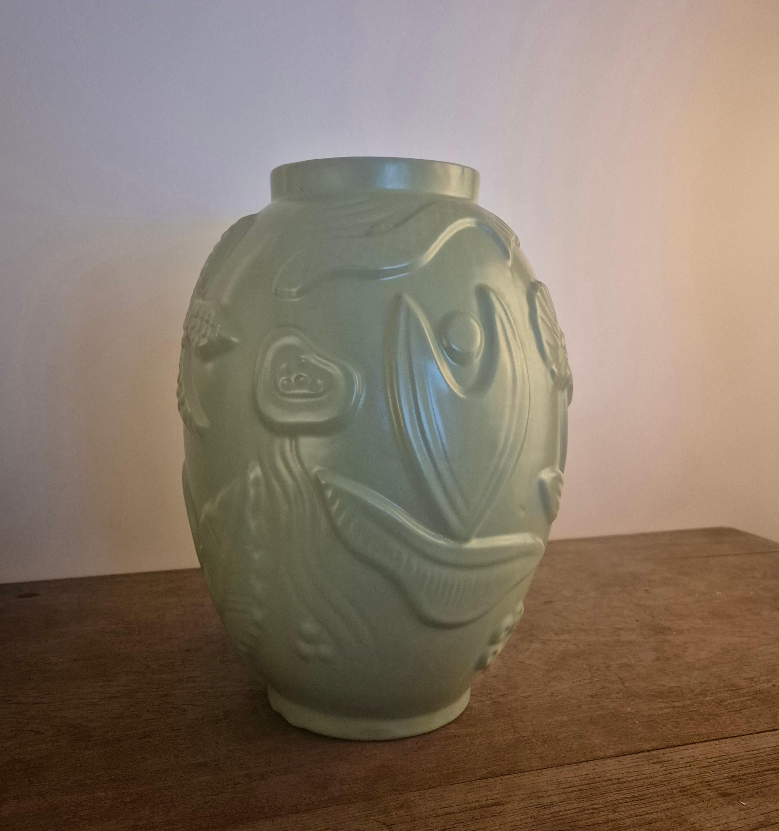 Large earthenware vase with celadon/green glaze, Swedish Modern 1