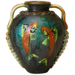 Large Earthenware Vase with Fish Decor, France, circa 1950s
