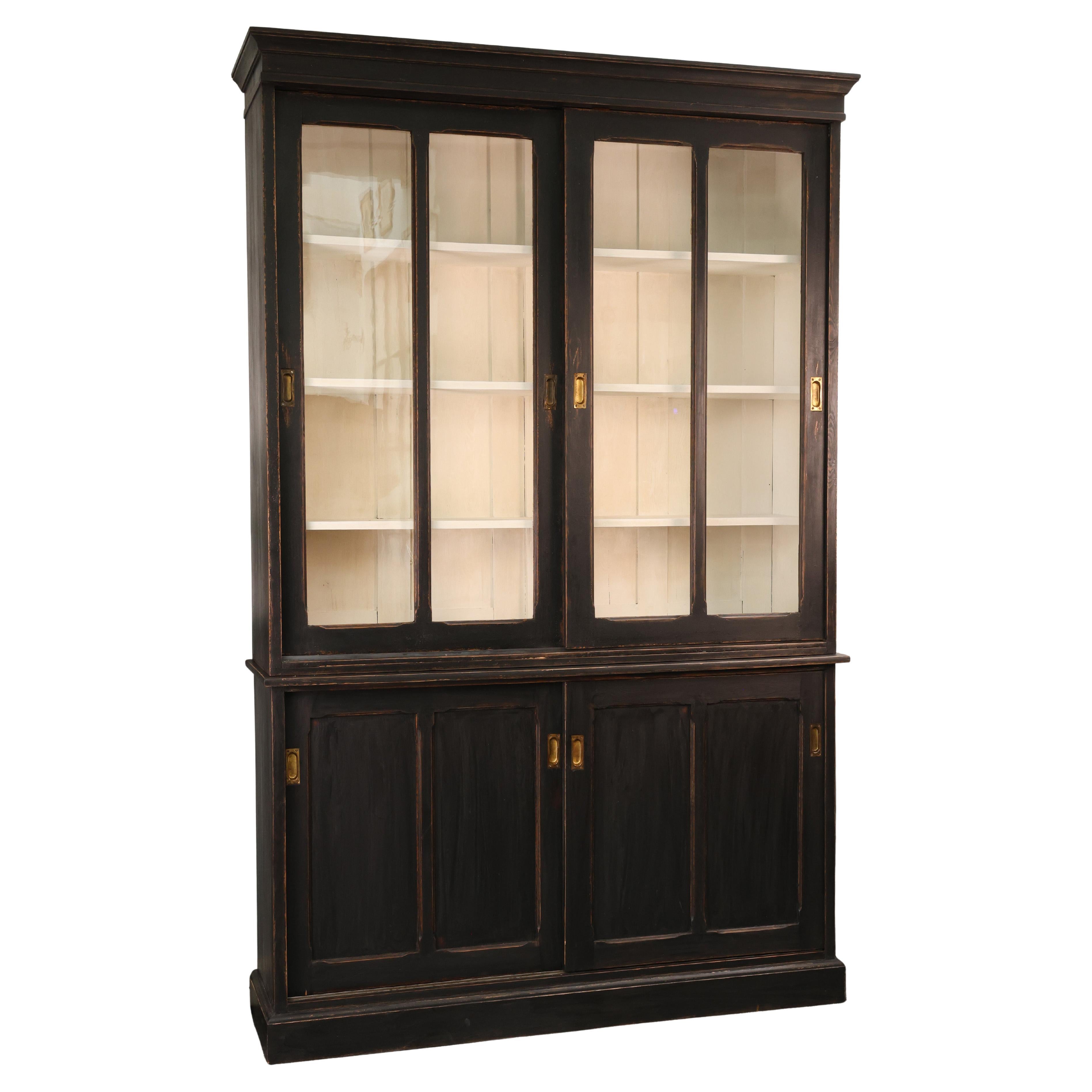 Large Ebonised Pine Library Bookcase with Sliding Glass Doors, Mid-20th Century