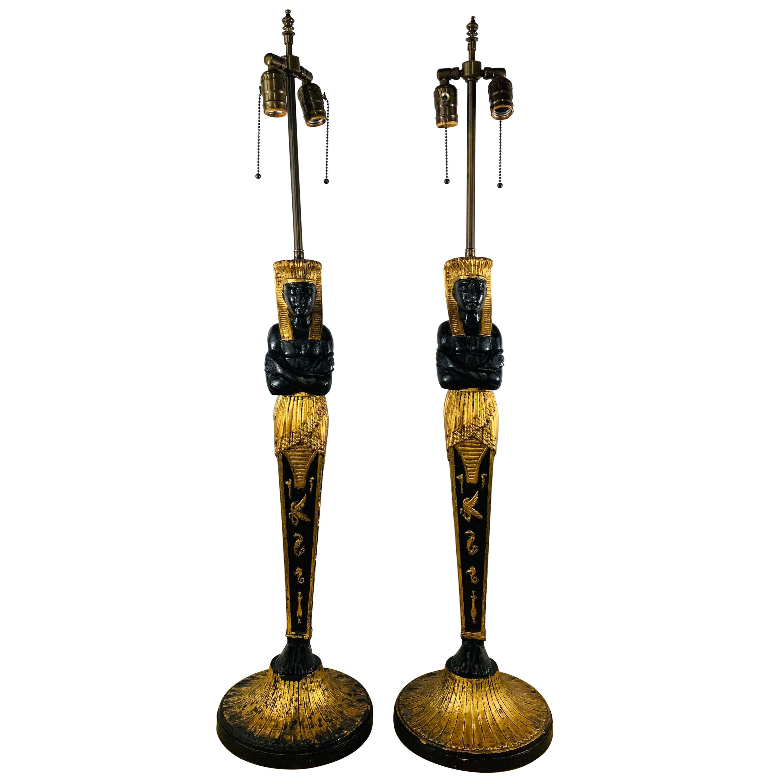 Large Ebonized and Gilded Pharaoh Table Lamp, a Pair For Sale