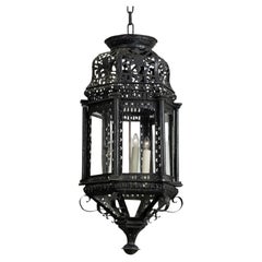 Antique Large Ebonized Pierced Tole Lantern