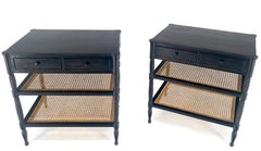 Large Ebonized Two Drawer 3 Tier Cane Shelf Carved Twisted Rope Legs End Table